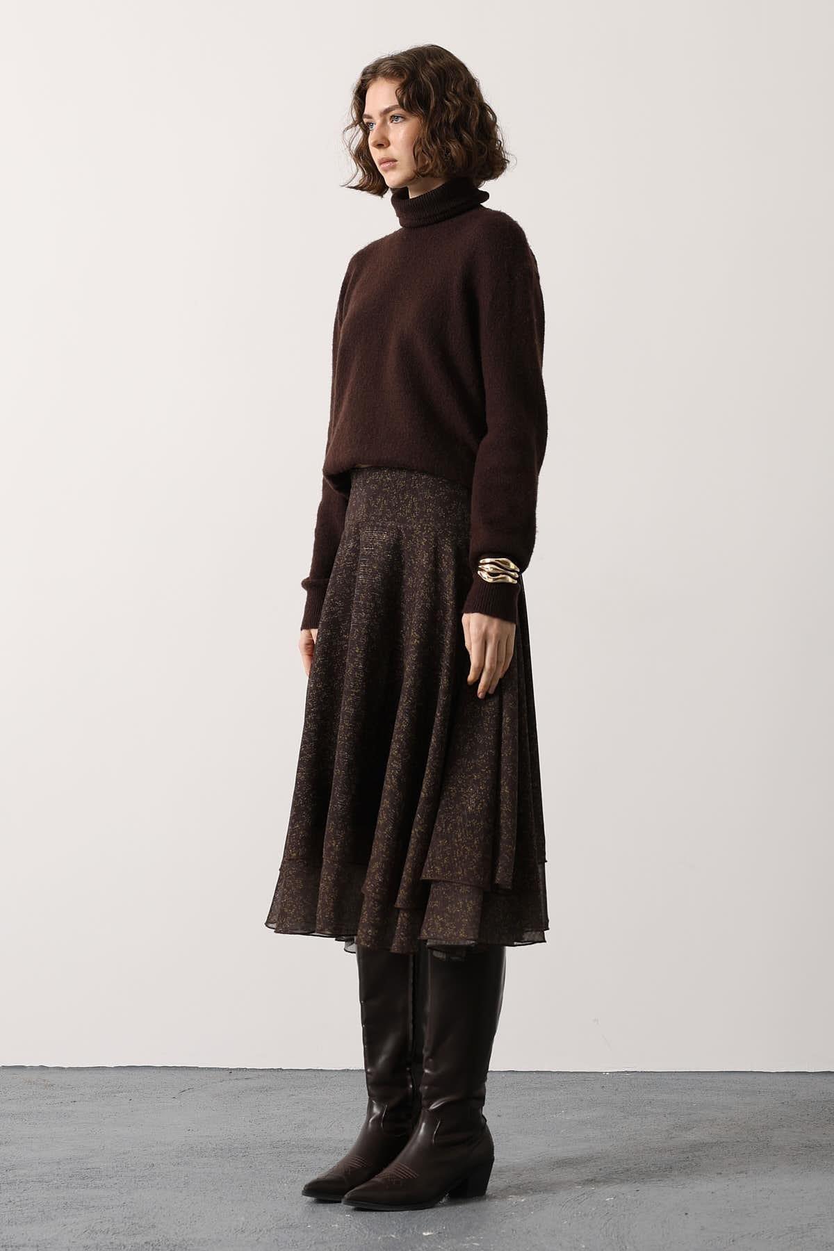 Wholesale Women's Brown Chiffon Layered Midi Skirt 0061-37197