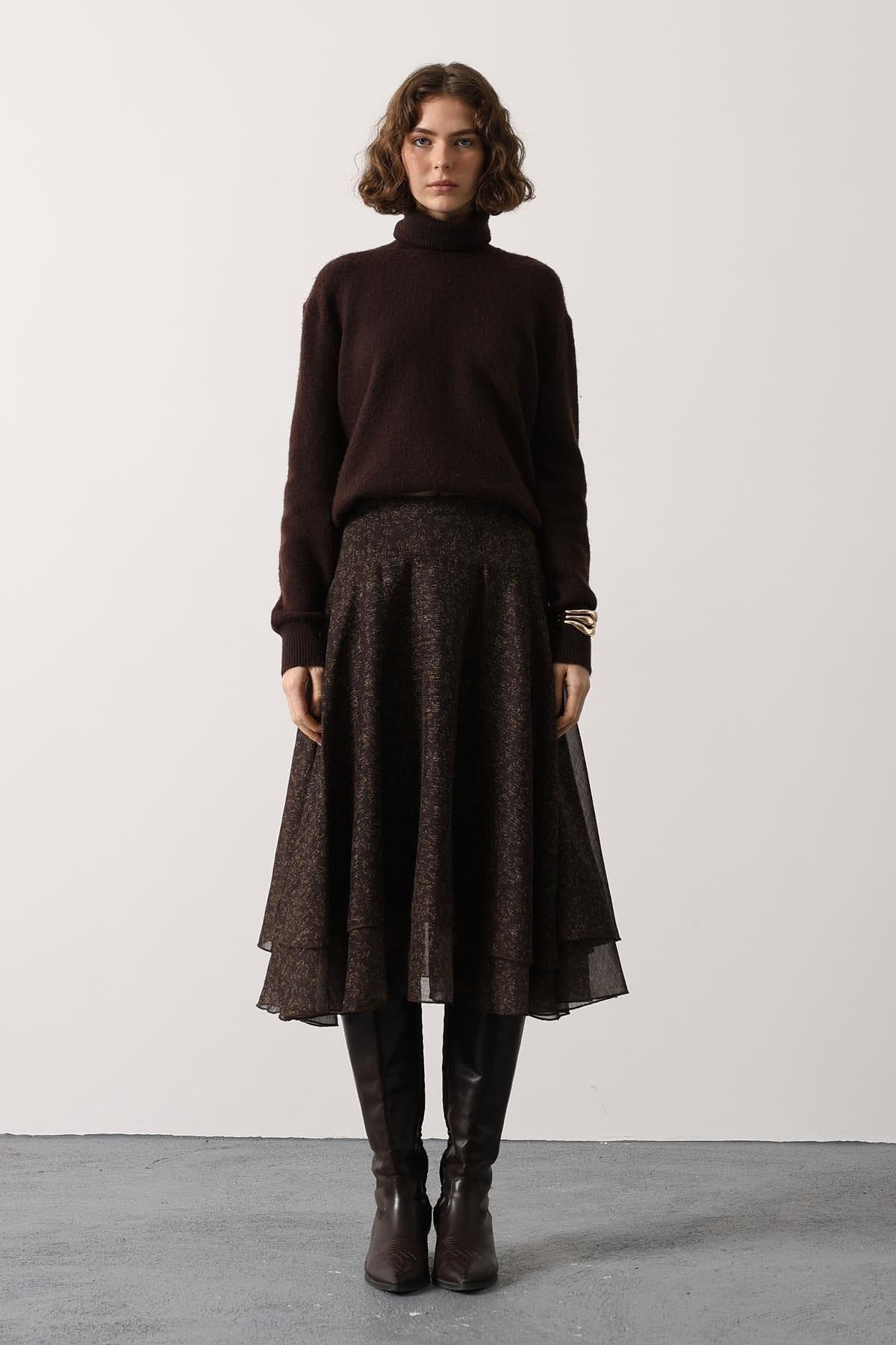 Wholesale Women's Brown Chiffon Layered Midi Skirt 0061-37197