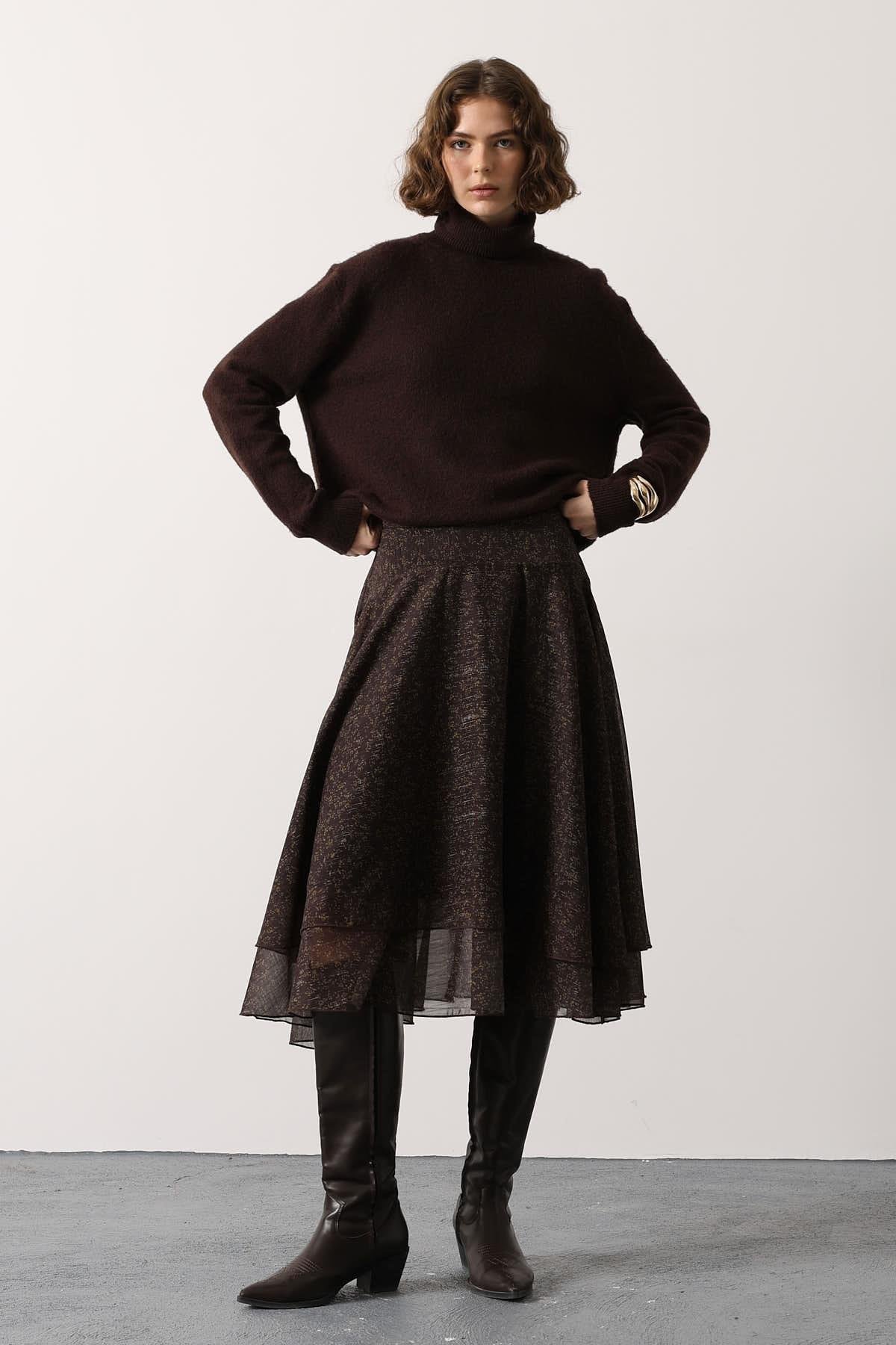 Wholesale Women's Brown Chiffon Layered Midi Skirt 0061-37197