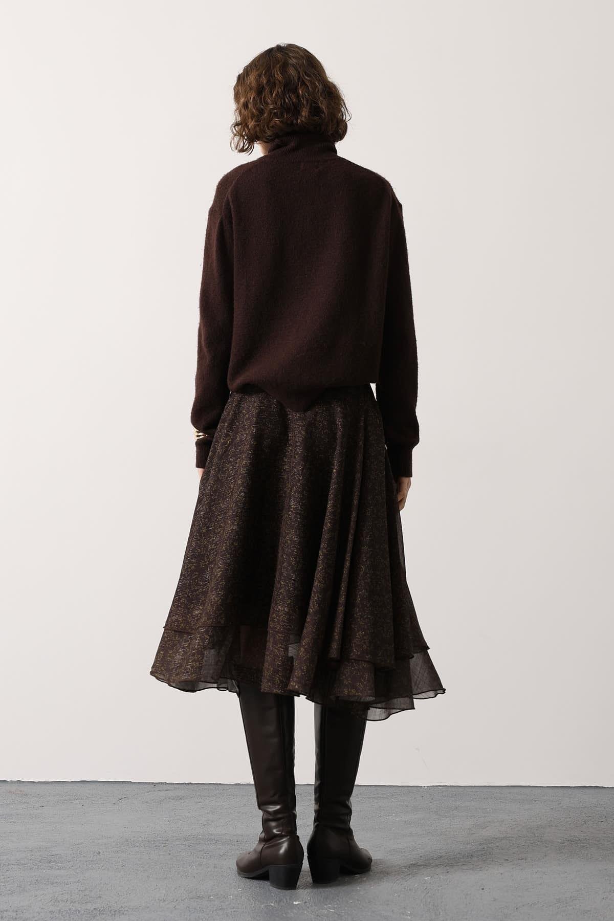 Wholesale Women's Brown Chiffon Layered Midi Skirt 0061-37197