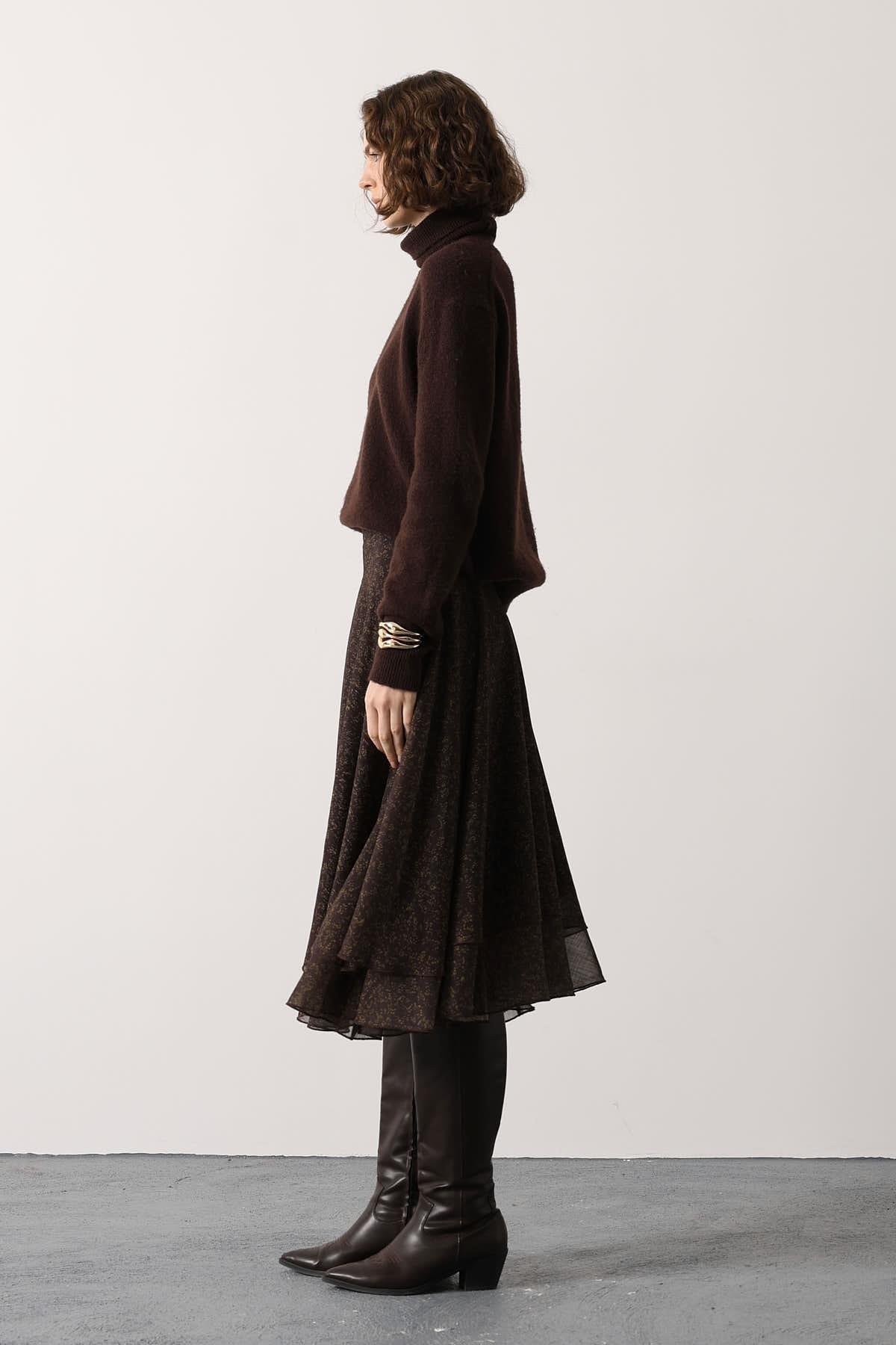 Wholesale Women's Brown Chiffon Layered Midi Skirt 0061-37197