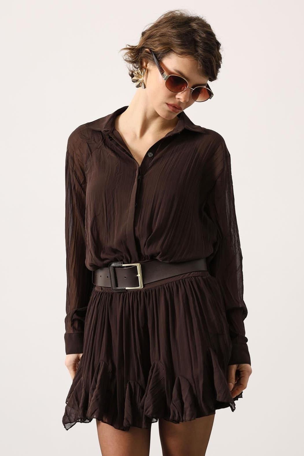 Wholesale Women's Brown Chiffon Mini Dress with Belt 0061-35537