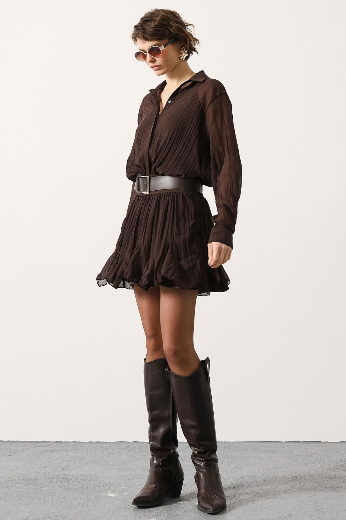 Wholesale Women's Brown Chiffon Mini Dress with Belt 0061-35537