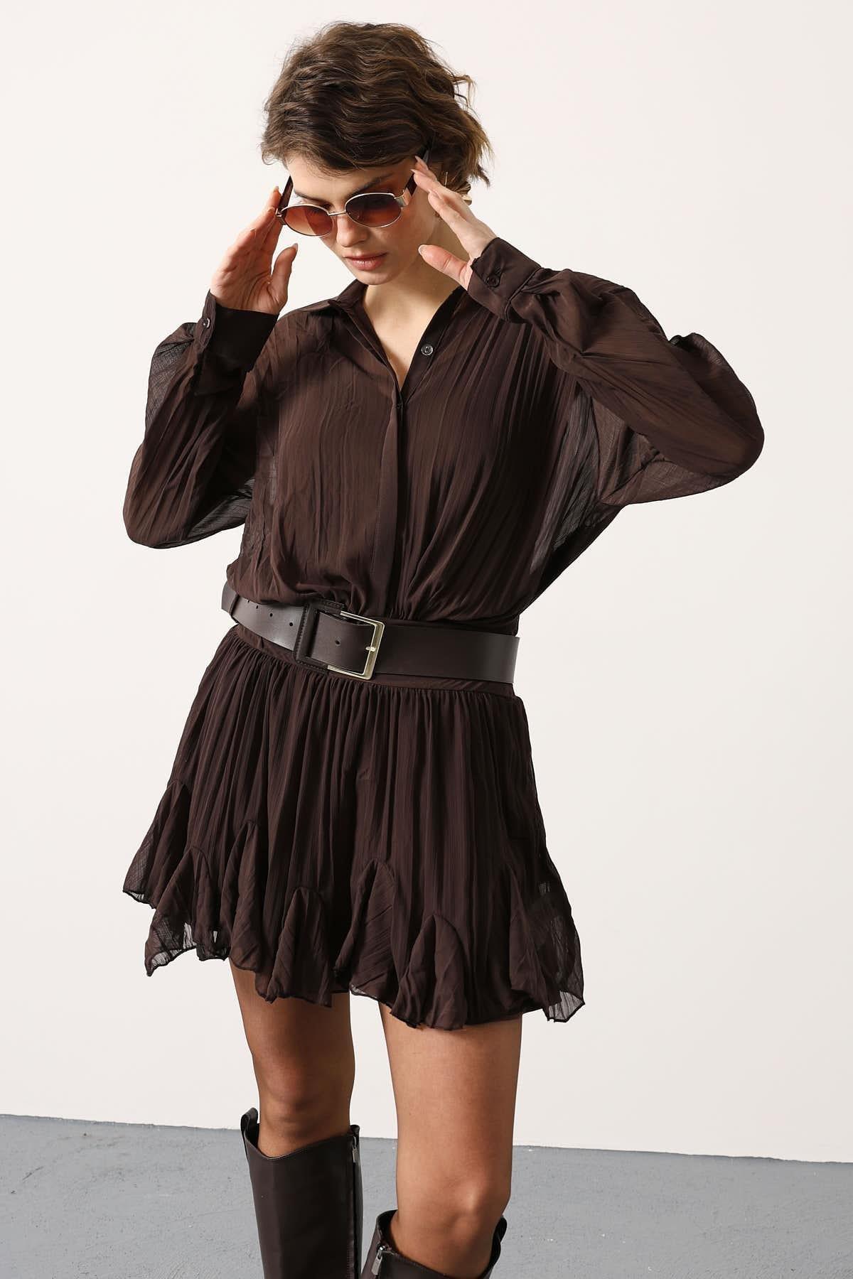 Wholesale Women's Brown Chiffon Mini Dress with Belt 0061-35537