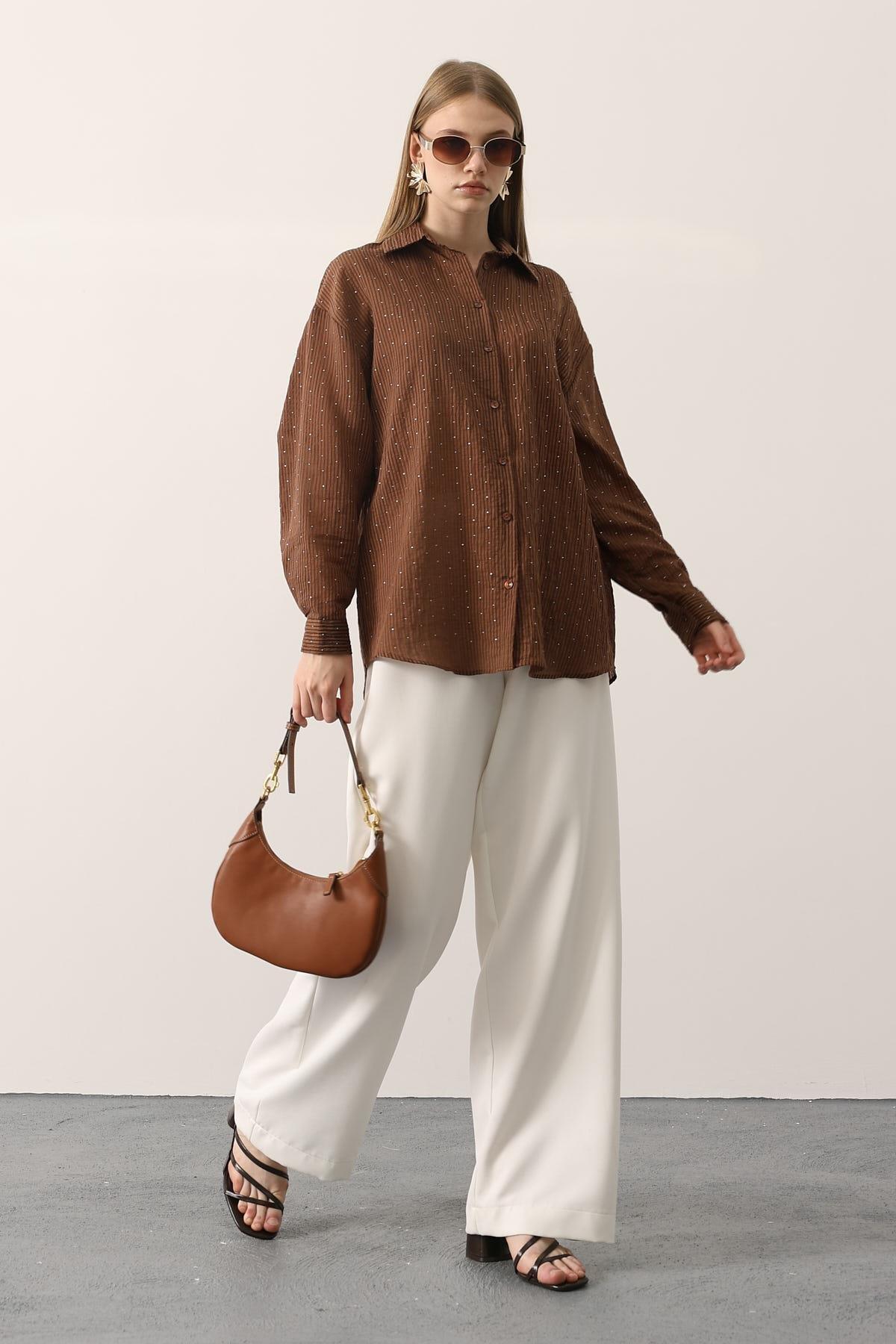 Wholesale Women's Brown Chiffon Shirt with Rhinestone Embellishment 0061-34421