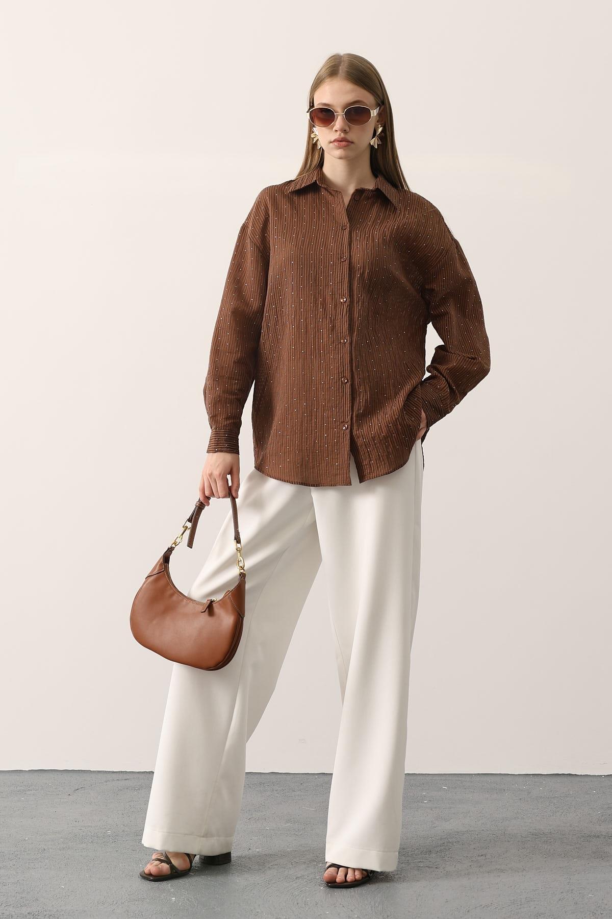 Wholesale Women's Brown Chiffon Shirt with Rhinestone Embellishment 0061-34421