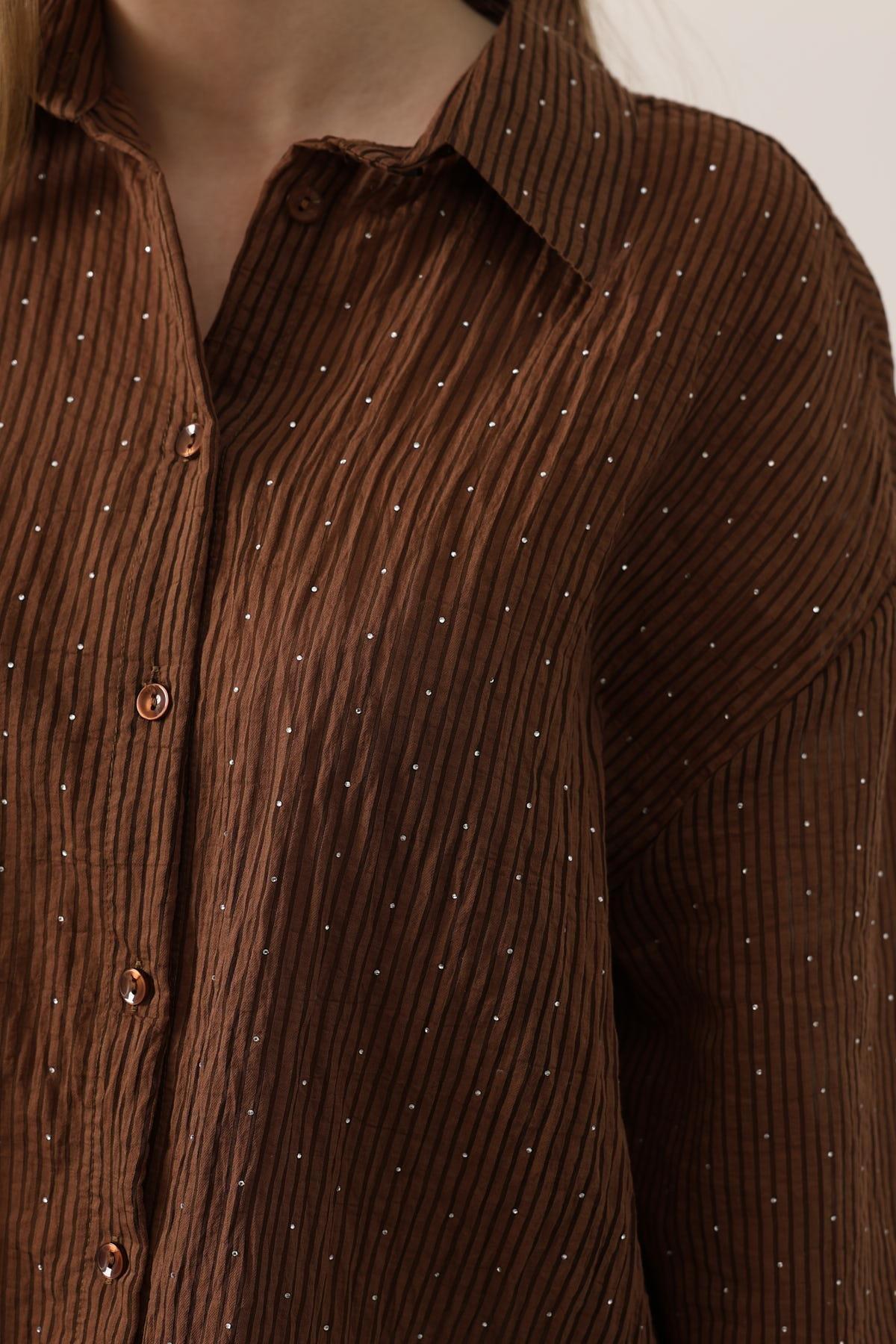 Wholesale Women's Brown Chiffon Shirt with Rhinestone Embellishment 0061-34421