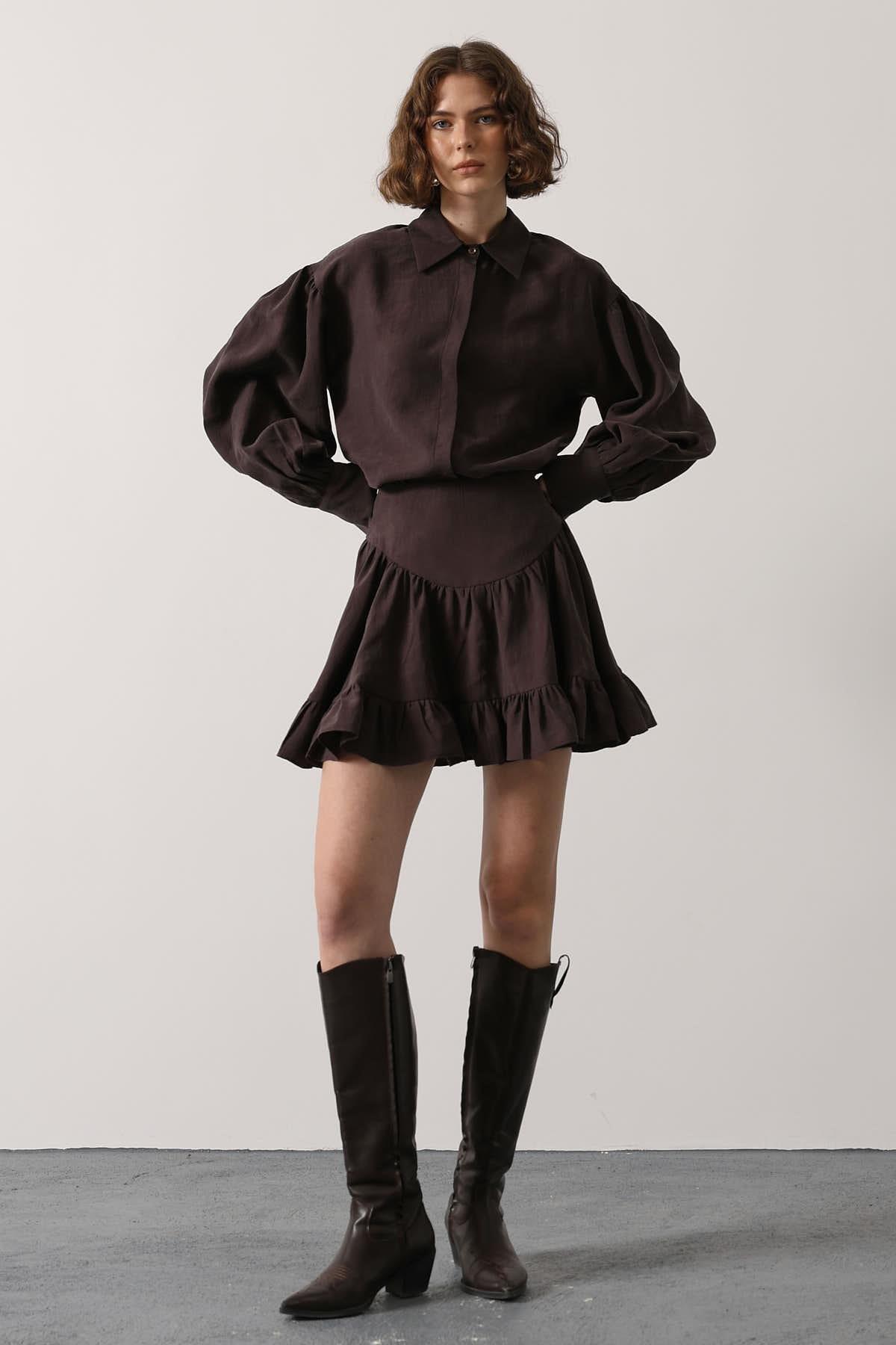 Wholesale Women's Brown Corset-Waist Ruffled Mini Skirt 0061-37211