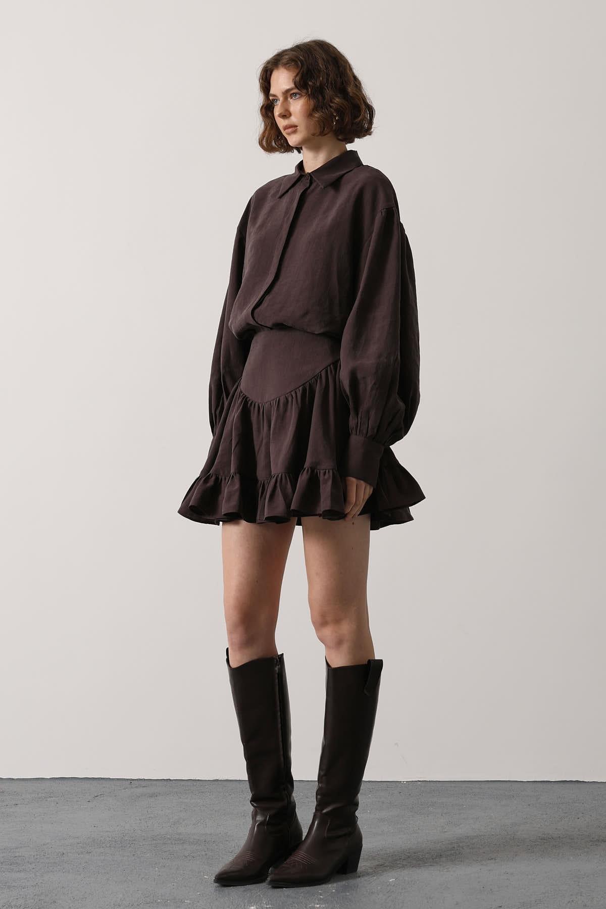 Wholesale Women's Brown Corset-Waist Ruffled Mini Skirt 0061-37211