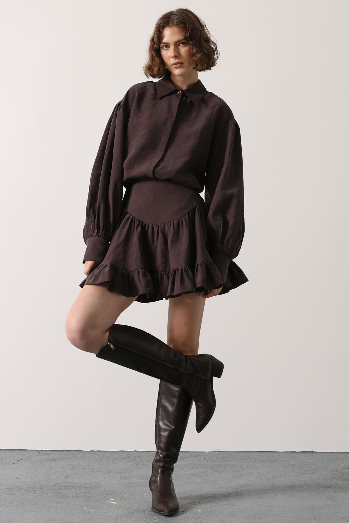 Wholesale Women's Brown Corset-Waist Ruffled Mini Skirt 0061-37211