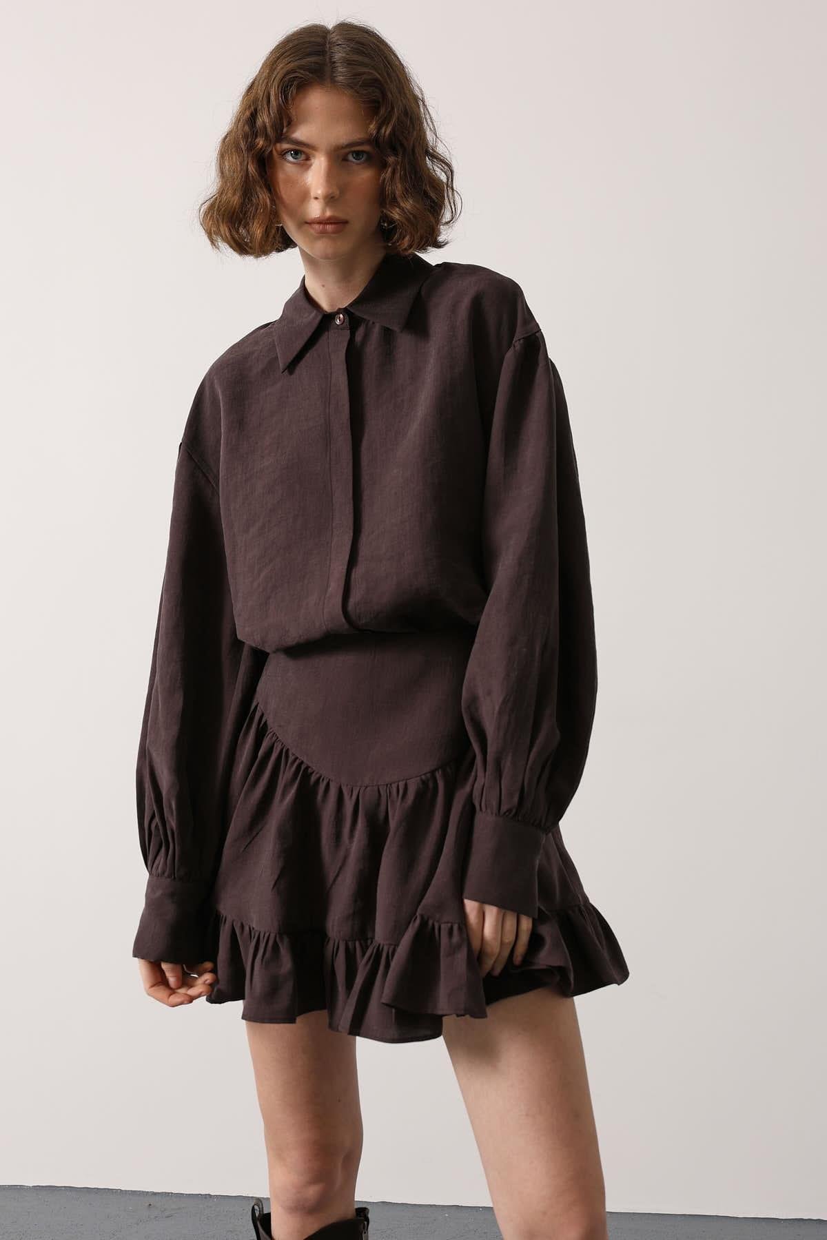 Wholesale Women's Brown Corset-Waist Ruffled Mini Skirt 0061-37211