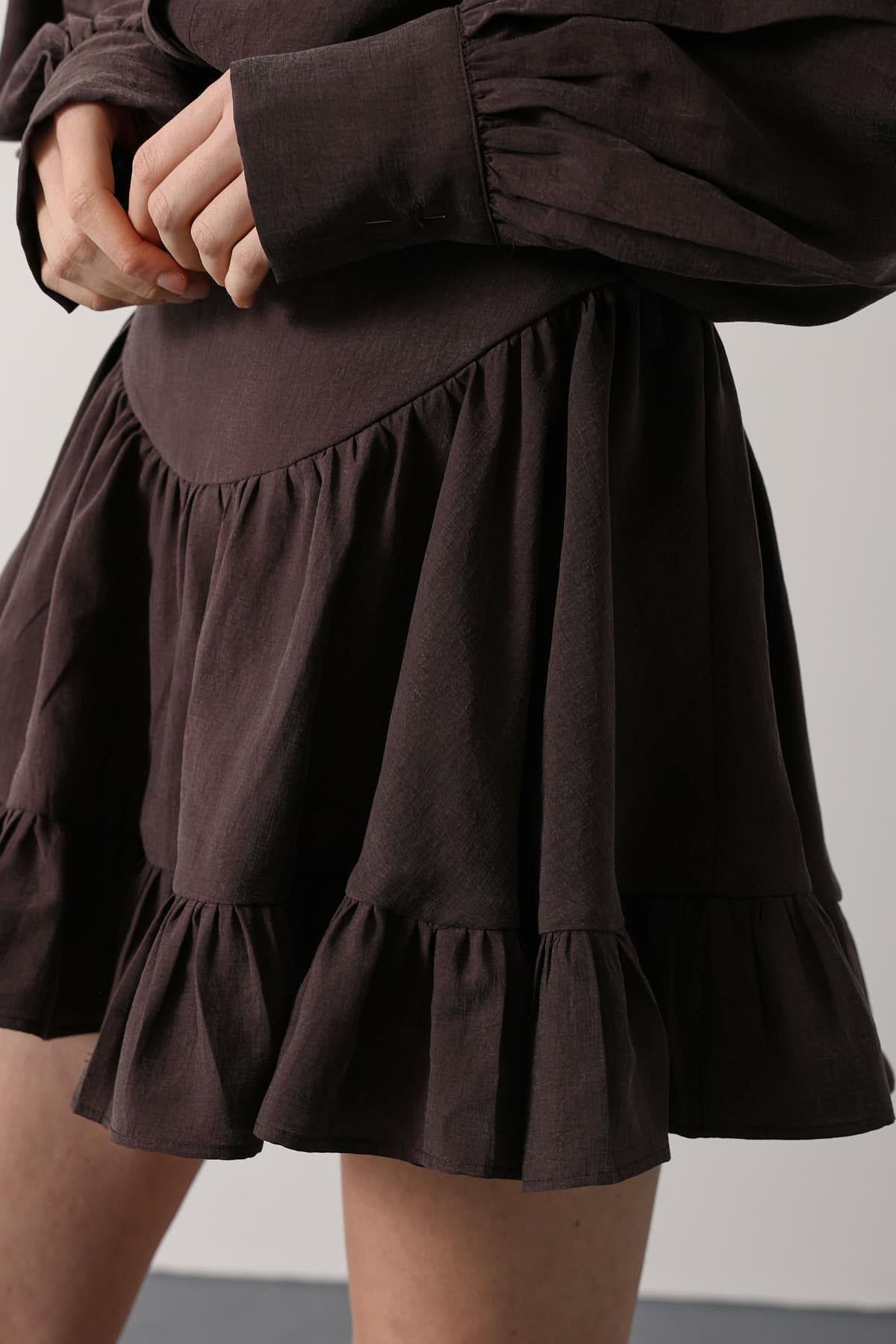 Wholesale Women's Brown Corset-Waist Ruffled Mini Skirt 0061-37211