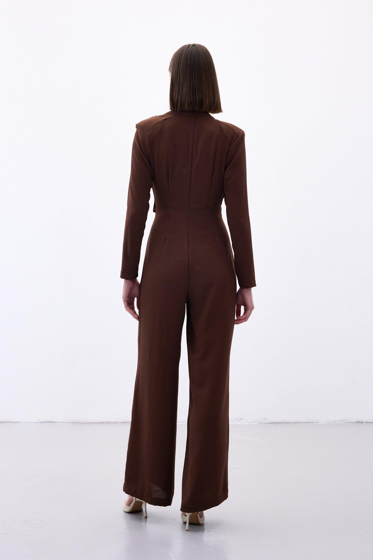 Wholesale Women's Brown Crepe Jumpsuit with Bow Accessory 0033-1738-7002
