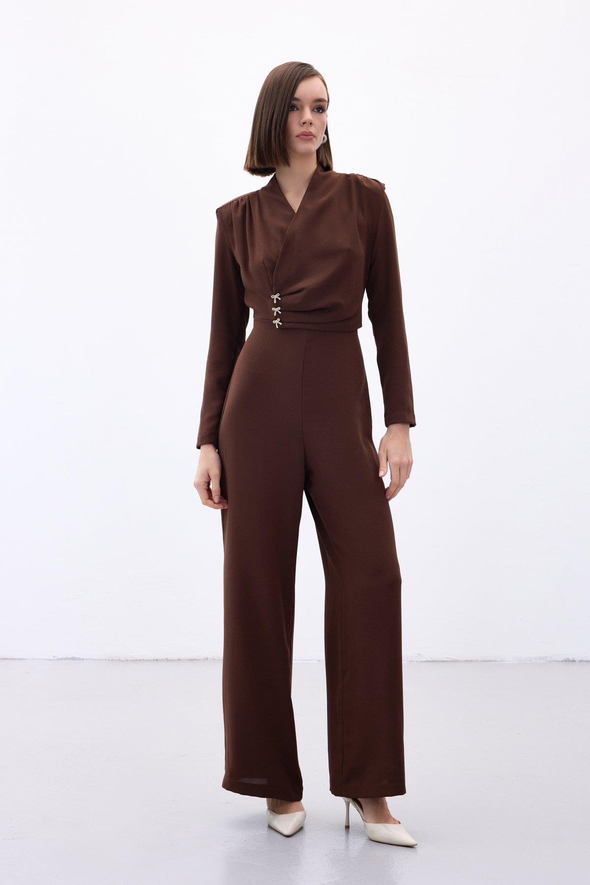 Wholesale Women's Brown Crepe Jumpsuit with Bow Accessory 0033-1738-7002