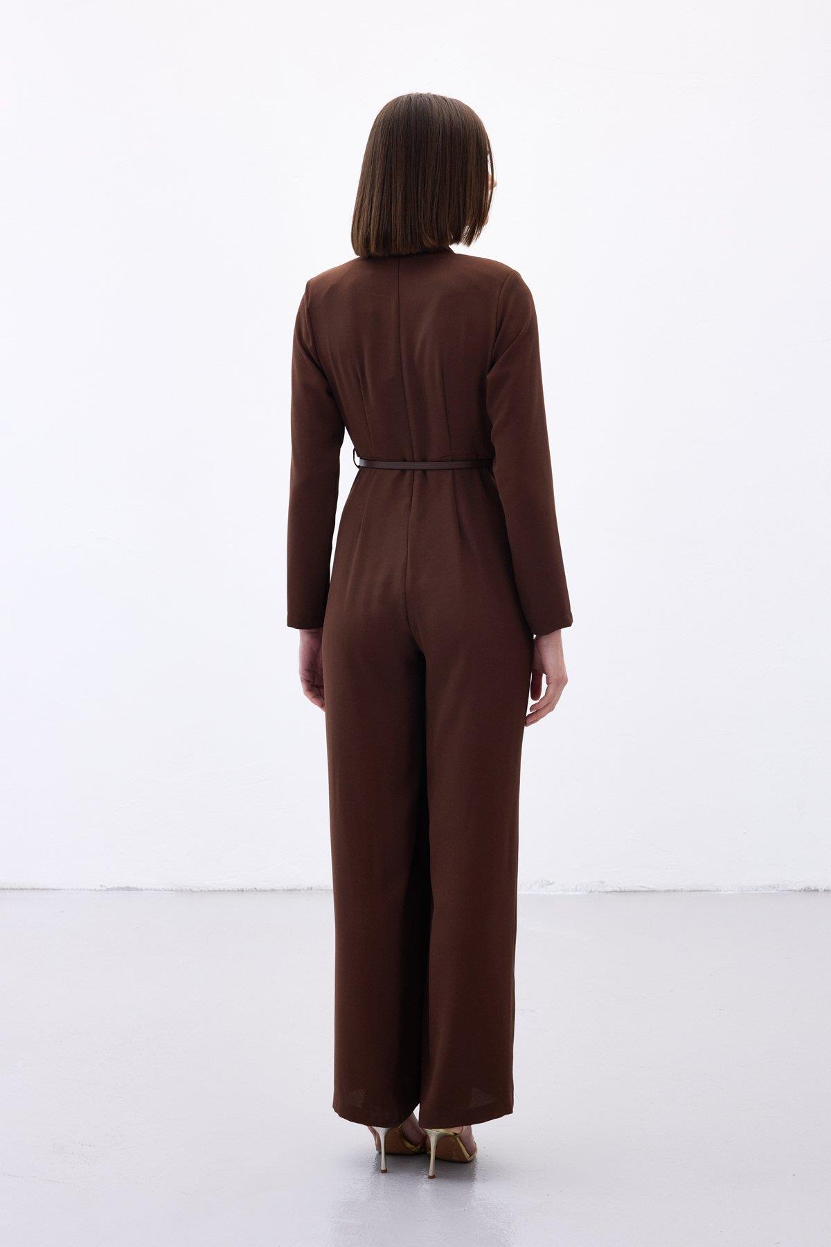 Wholesale Women's Brown Crepe Jumpsuit with Belt 0033-2063-7503