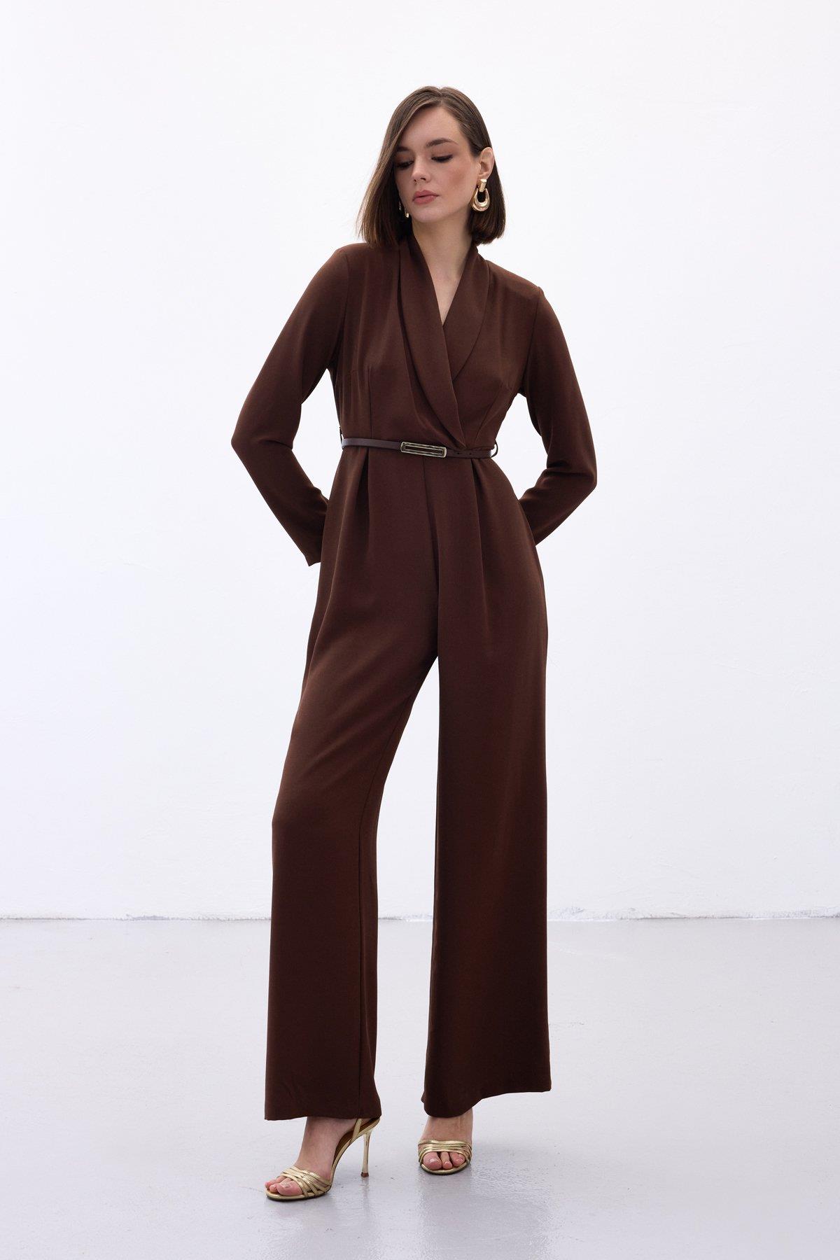 Wholesale Women's Brown Crepe Jumpsuit with Belt 0033-2063-7503