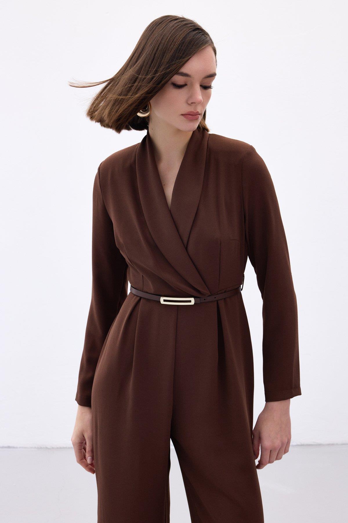 Wholesale Women's Brown Crepe Jumpsuit with Belt 0033-2063-7503