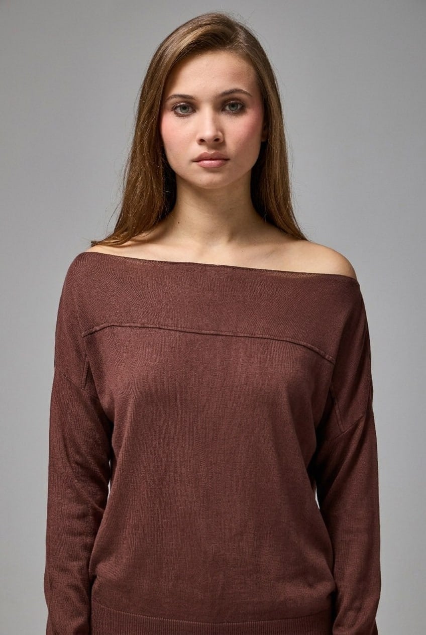 Wholesale Women's Brown Fine Knit Sweater with Boat Neck and Drop Shoulders 0037-8540
