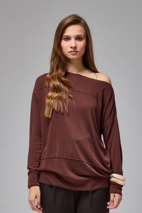 Wholesale Women's Brown Fine Knit Sweater with Boat Neck and Drop Shoulders 0037-8540