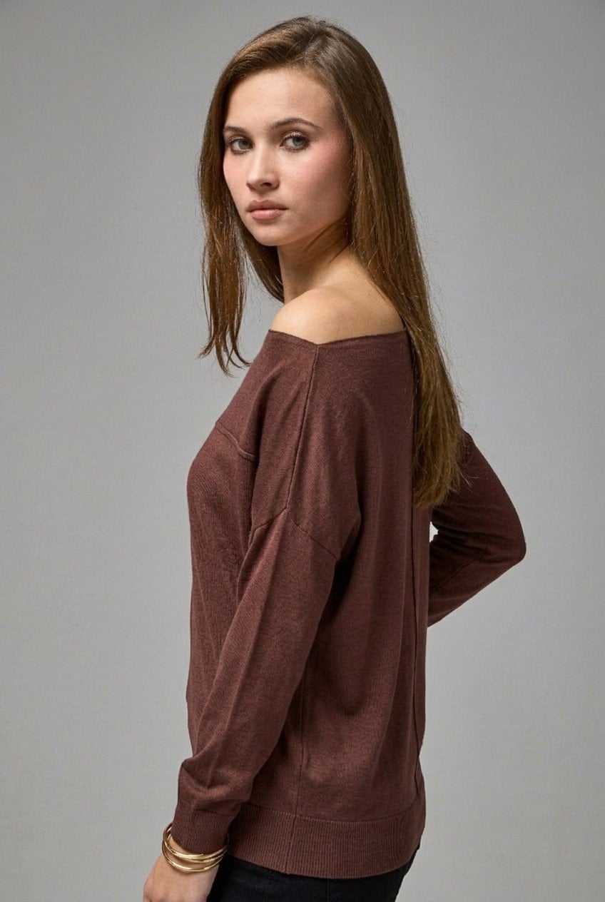 Wholesale Women's Brown Fine Knit Sweater with Boat Neck and Drop Shoulders 0037-8540