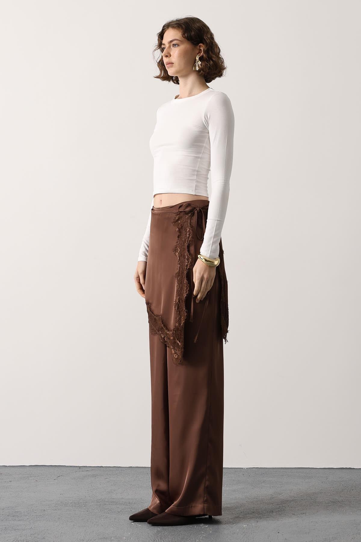 Wholesale Women's Brown Lace Detailed Trousers 0061-36627