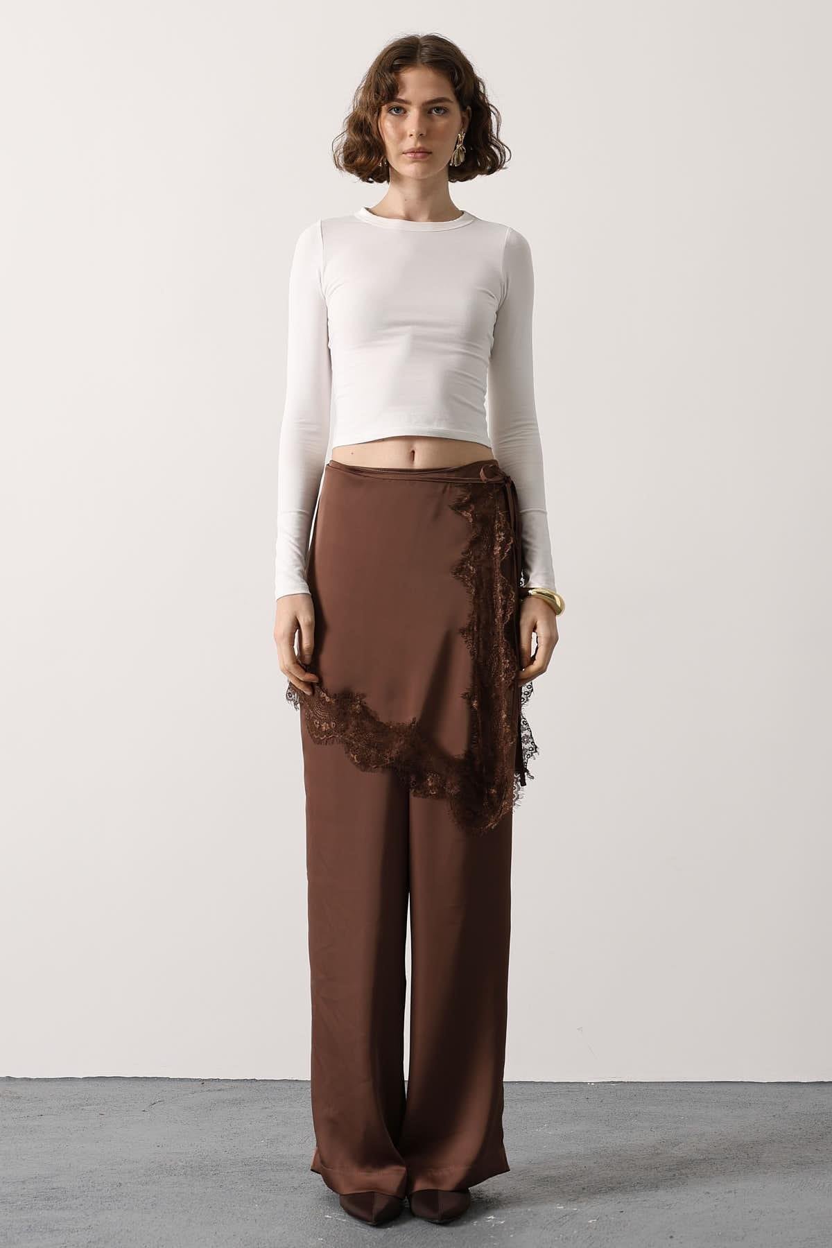 Wholesale Women's Brown Lace Detailed Trousers 0061-36627