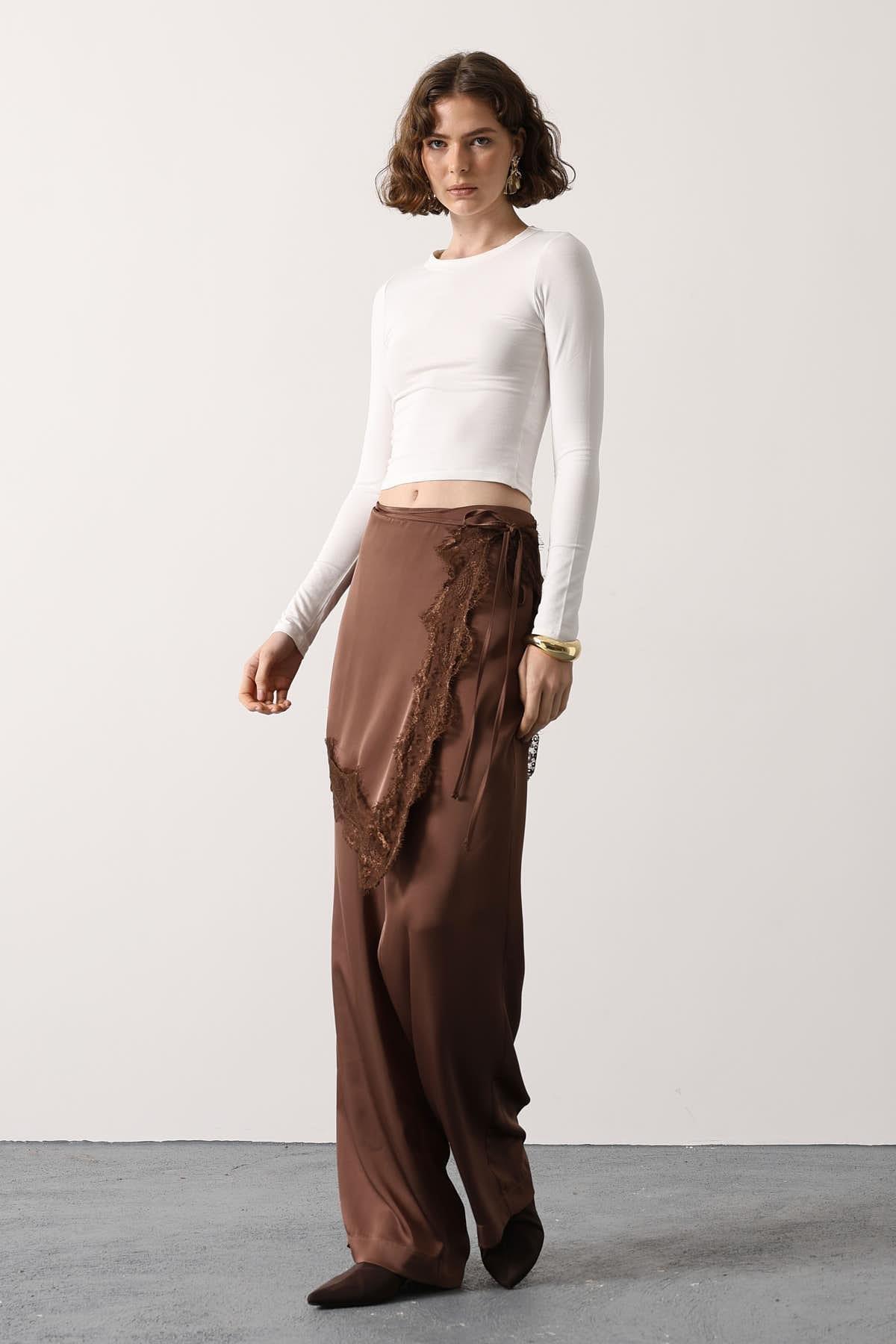 Wholesale Women's Brown Lace Detailed Trousers 0061-36627