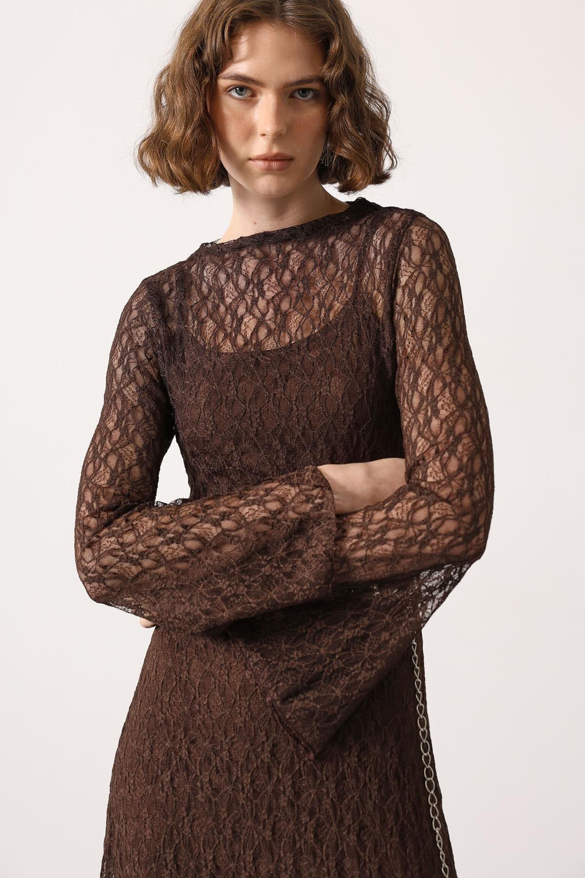 Wholesale Women's Brown Lace Maxi Dress 0061-35536