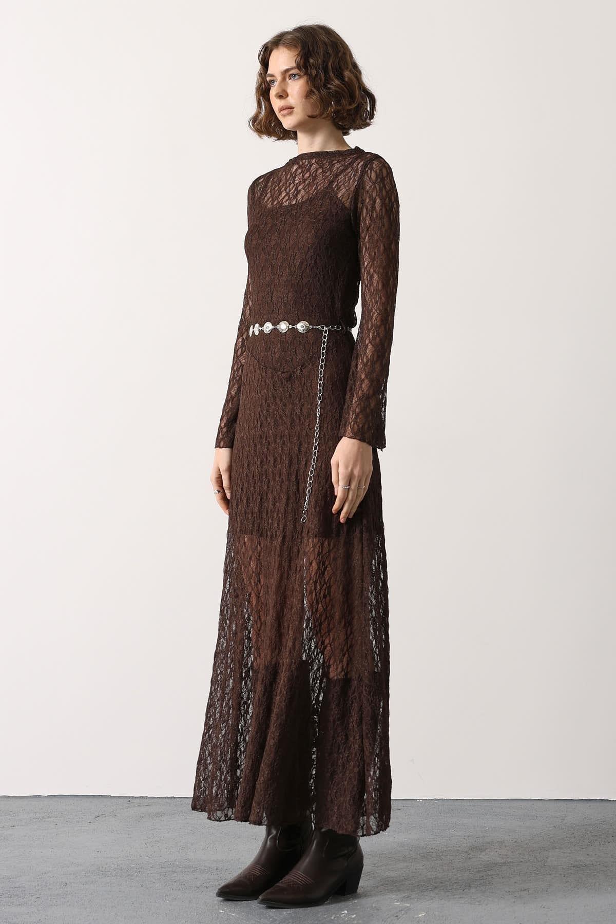 Wholesale Women's Brown Lace Maxi Dress 0061-35536