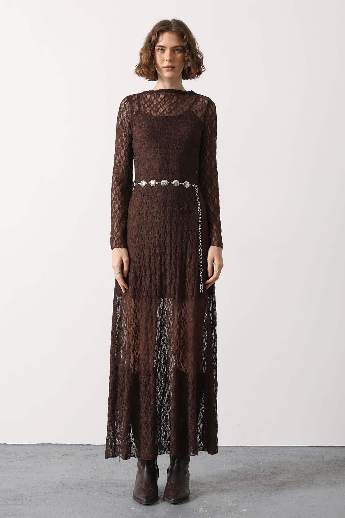 Wholesale Women's Brown Lace Maxi Dress 0061-35536