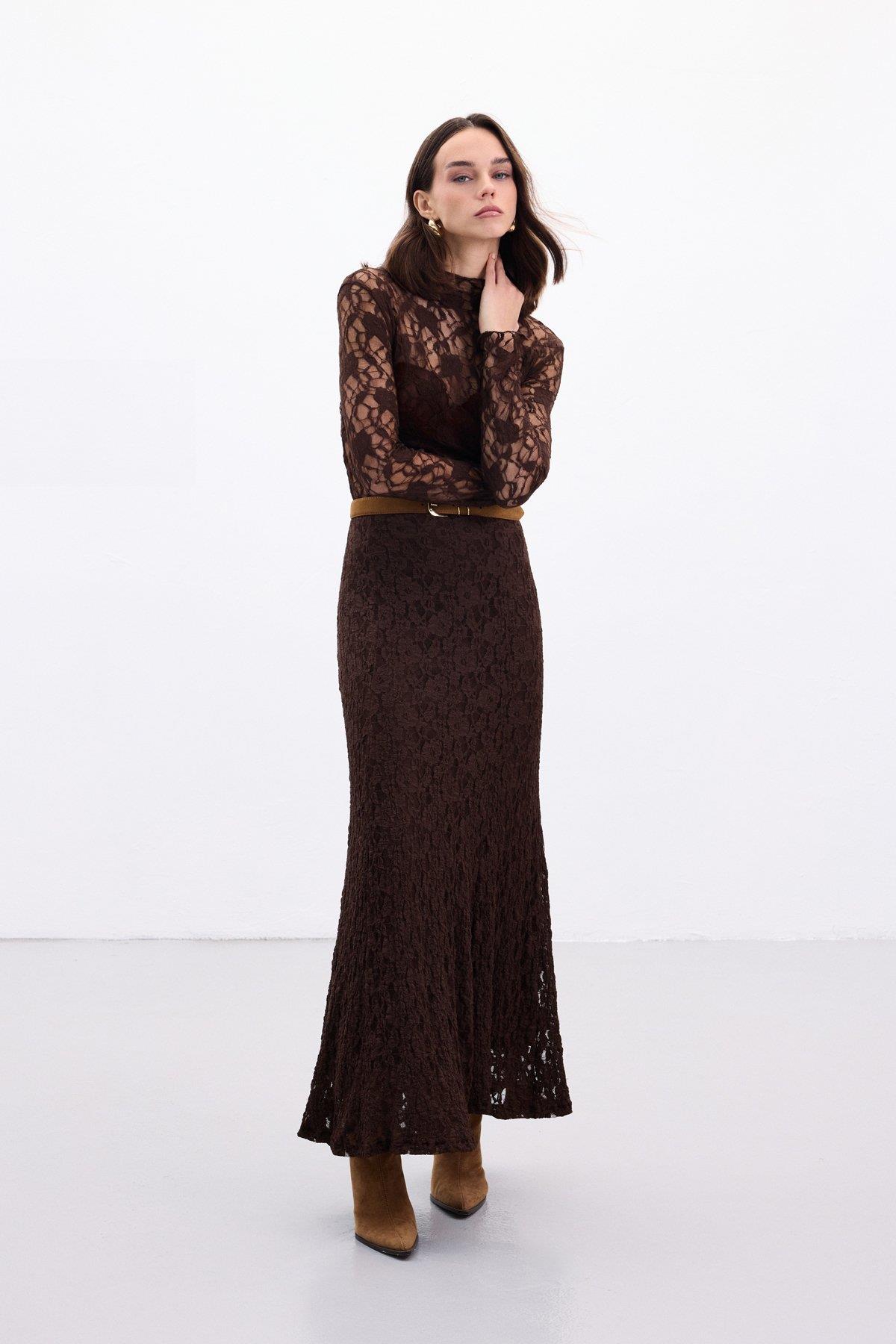 Wholesale Women's Brown Lace Maxi Skirt 0033-2106-4103