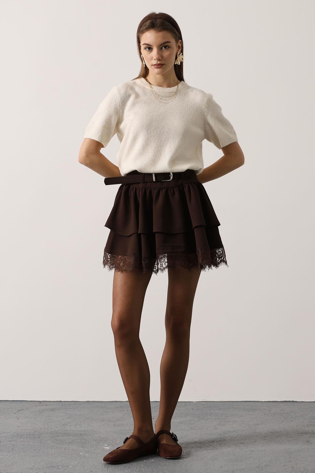 Wholesale Women's Brown Lace Mini Skirt with Belt 0061-37199