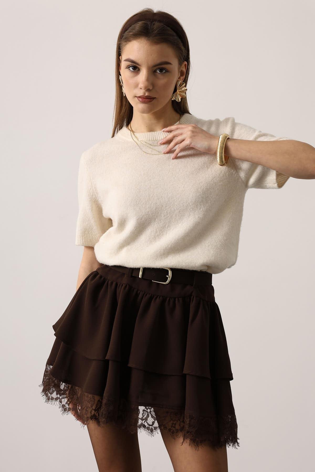 Wholesale Women's Brown Lace Mini Skirt with Belt 0061-37199