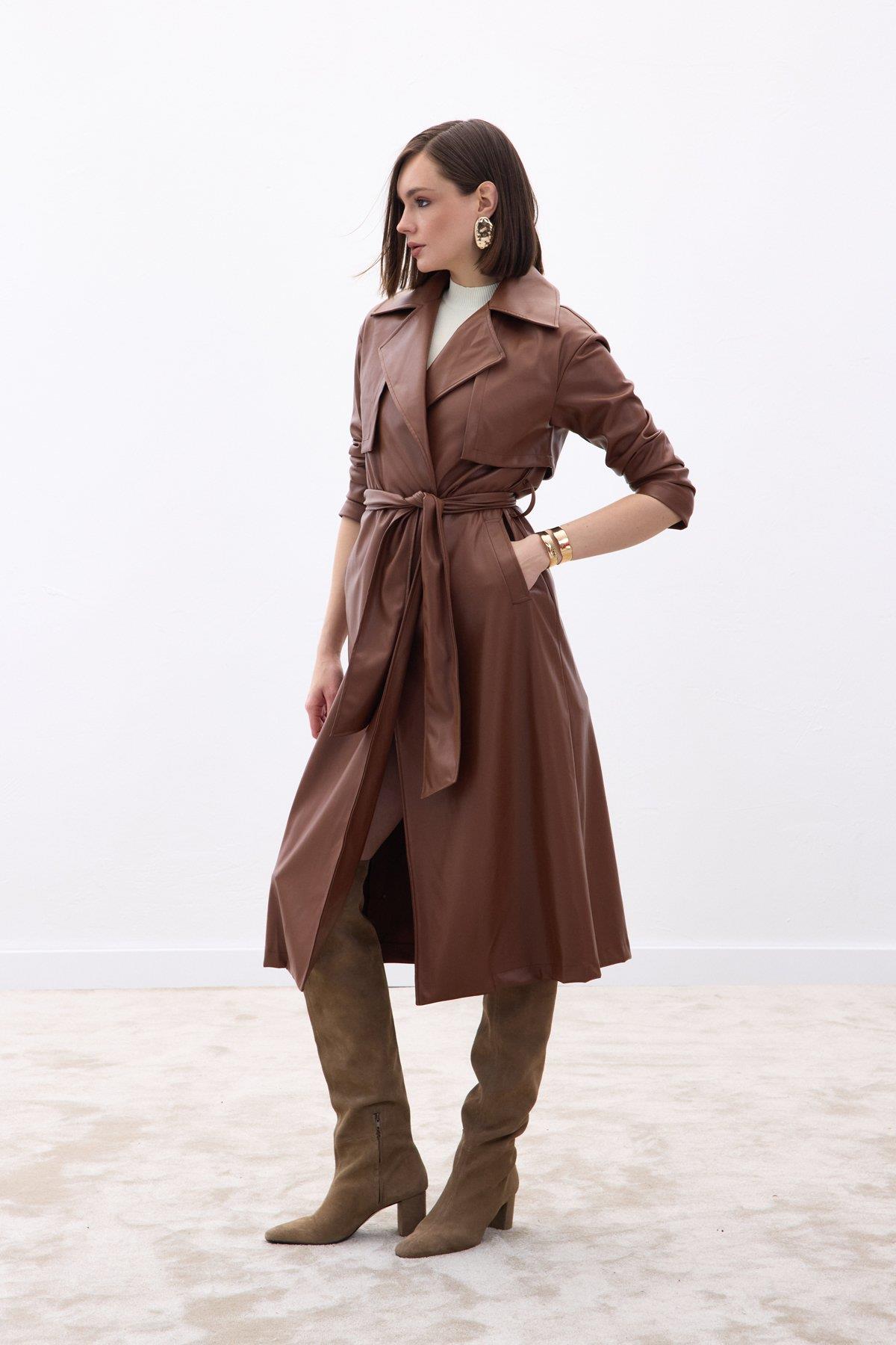 Wholesale Women's Brown Leather Trench Coat 0033-665-6517