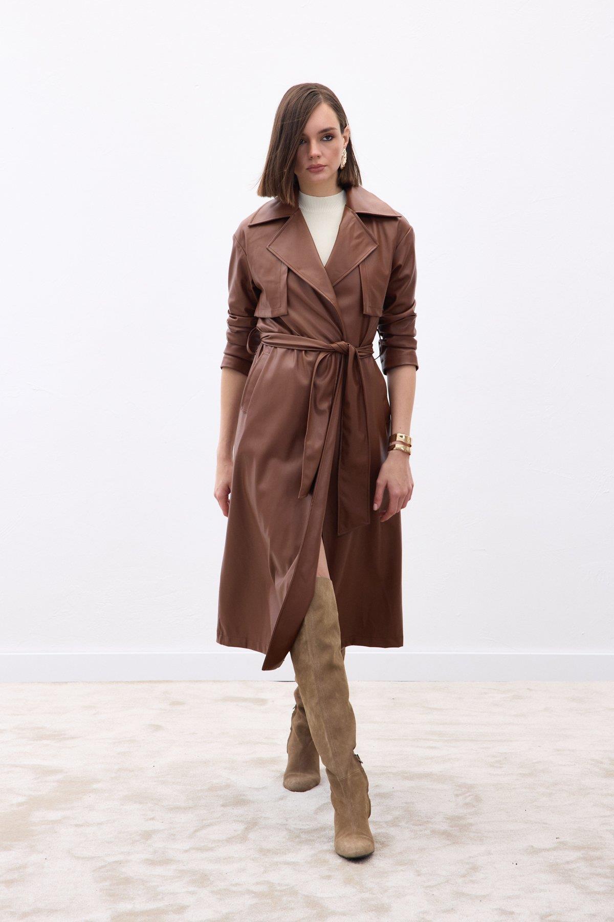 Wholesale Women's Brown Leather Trench Coat 0033-665-6517