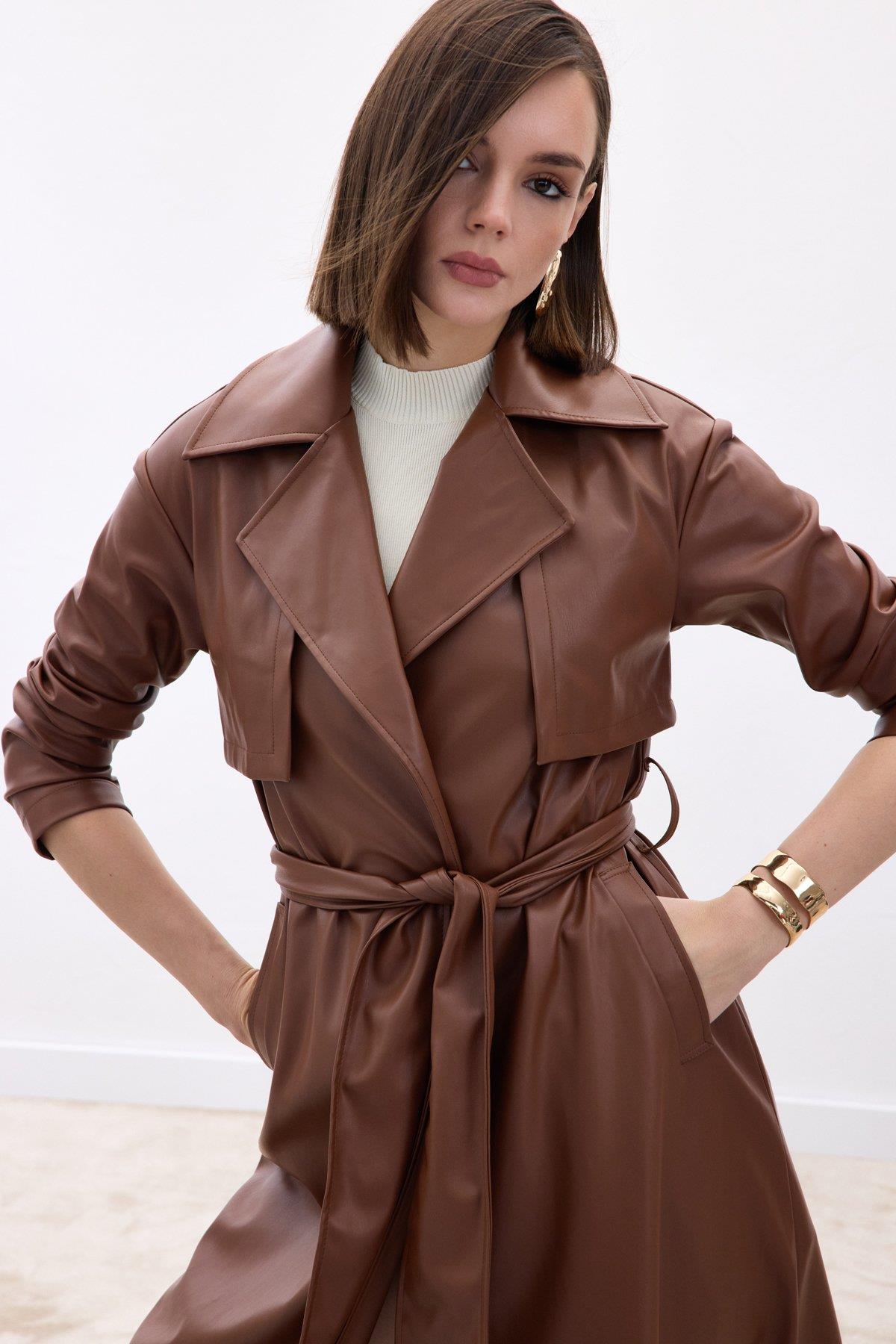 Wholesale Women's Brown Leather Trench Coat 0033-665-6517