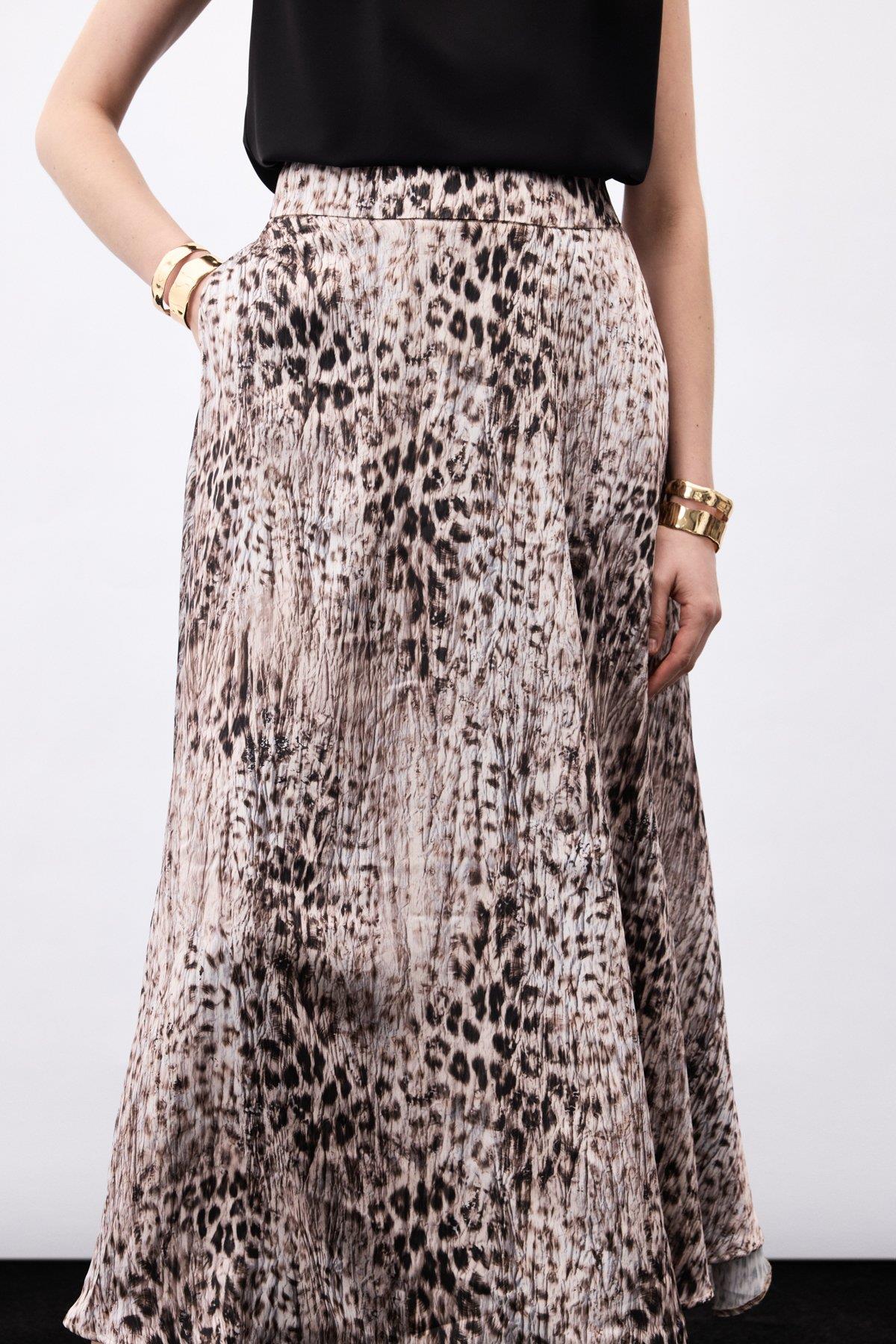 Wholesale Women's Brown Leopard Printed Maxi Skirt 0033-1957-4098