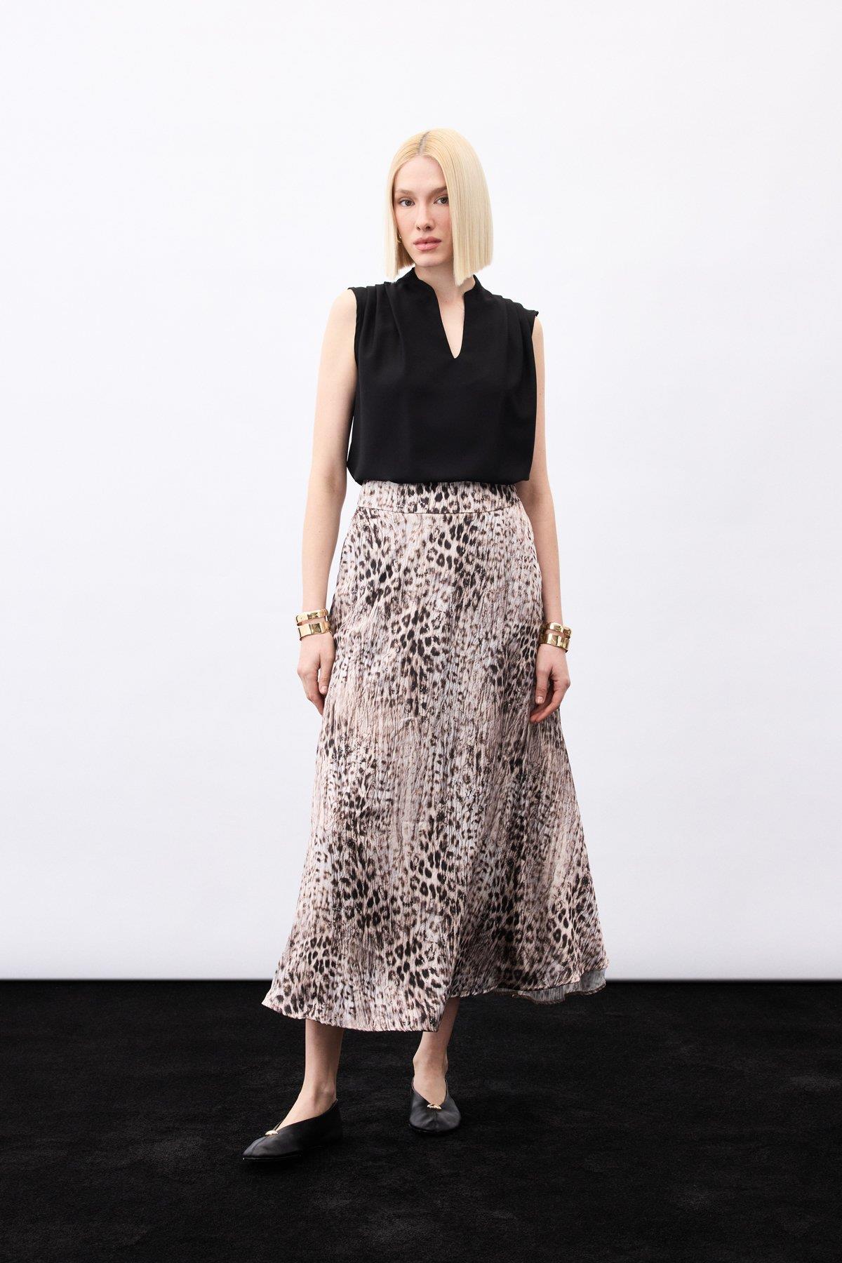 Wholesale Women's Brown Leopard Printed Maxi Skirt 0033-1957-4098