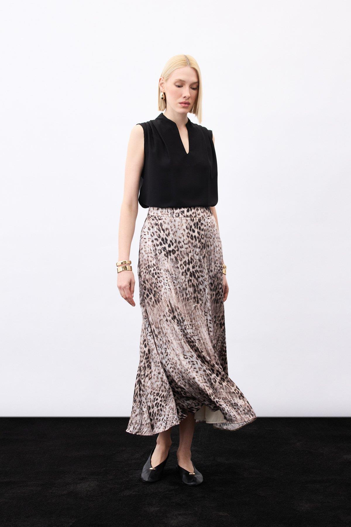 Wholesale Women's Brown Leopard Printed Maxi Skirt 0033-1957-4098