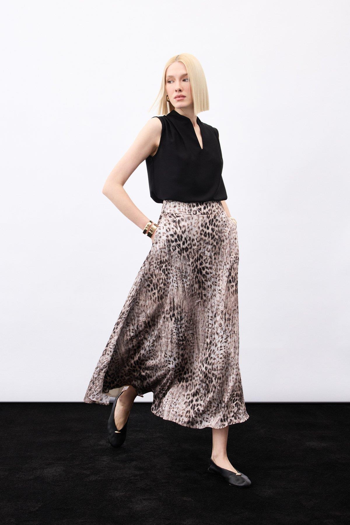 Wholesale Women's Brown Leopard Printed Maxi Skirt 0033-1957-4098