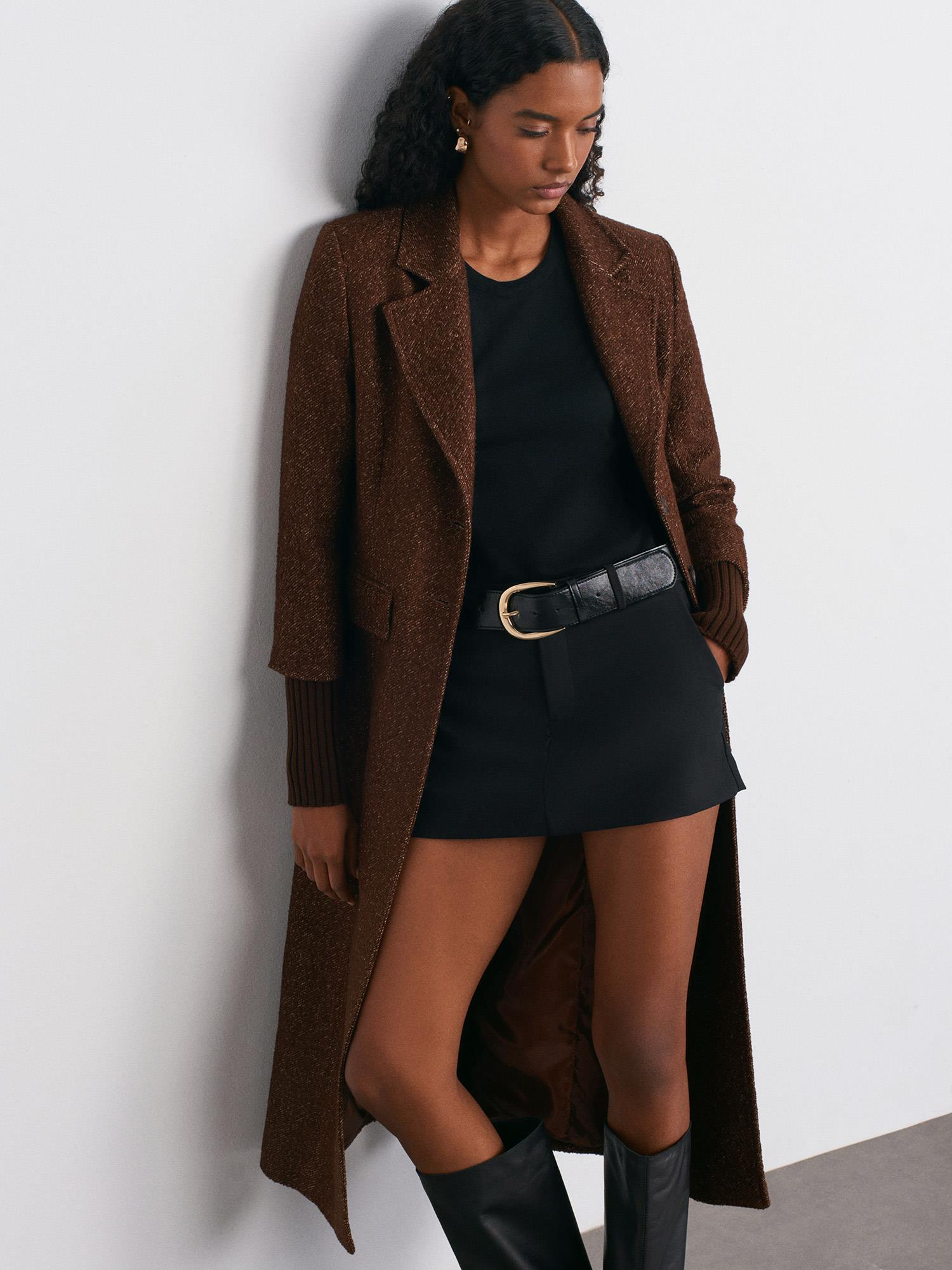 Wholesale Women's Brown Long Coat with Knitted Sleeves 0431-65478