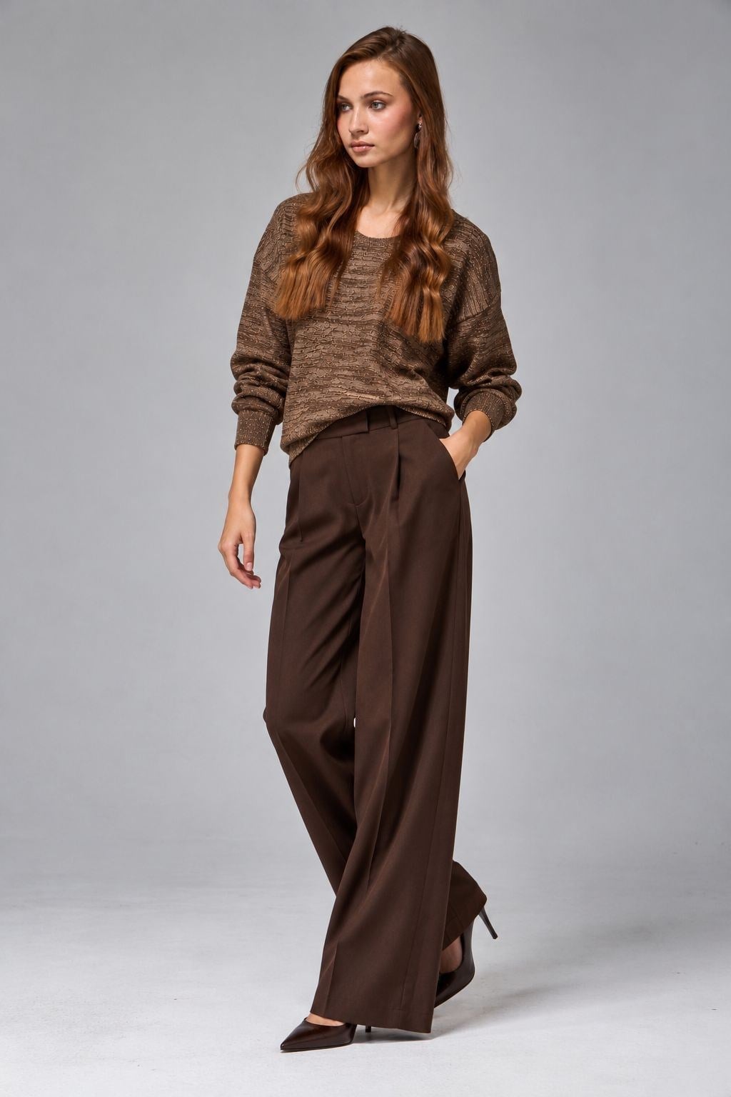 Wholesale Women's Brown Lurex Ombre Cotton Knit Sweater 0037-3720
