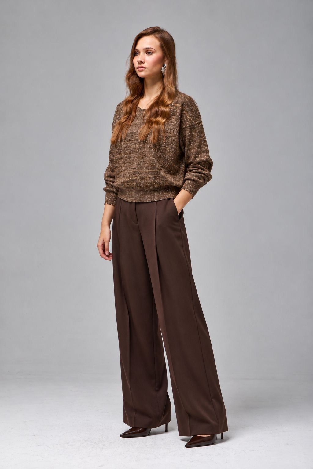 Wholesale Women's Brown Lurex Ombre Cotton Knit Sweater 0037-3720