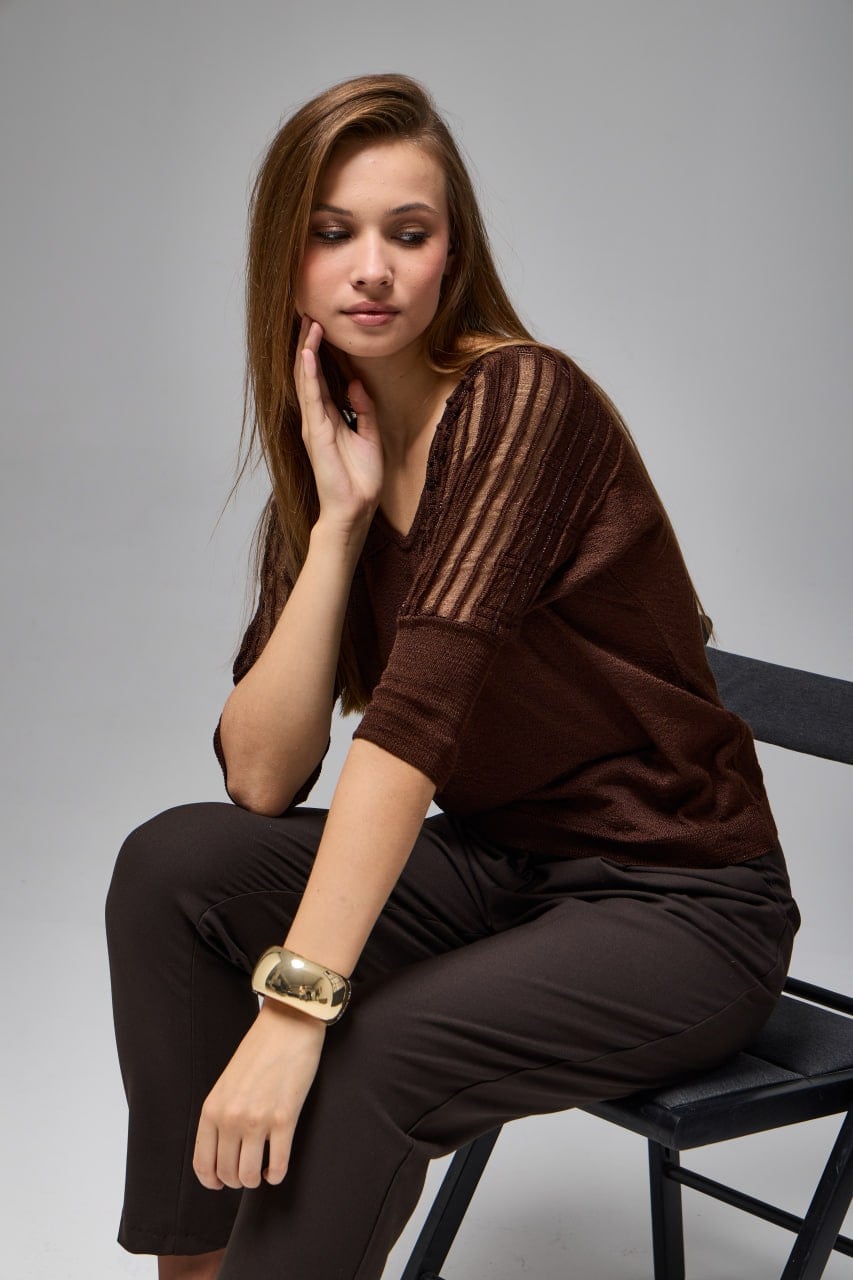 Wholesale Women's Brown Lurex-Thread Textured Yoke Knit Sweater 0037-3713