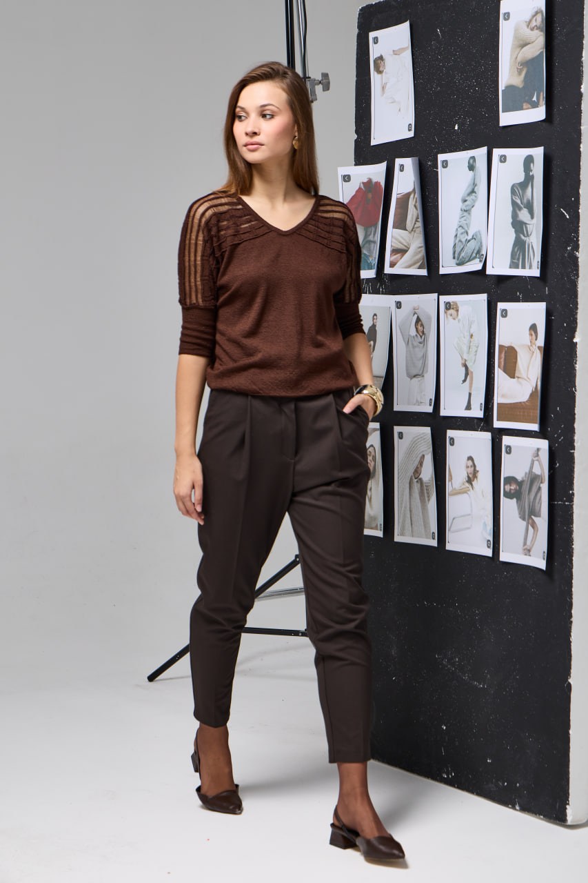 Wholesale Women's Brown Lurex-Thread Textured Yoke Knit Sweater 0037-3713