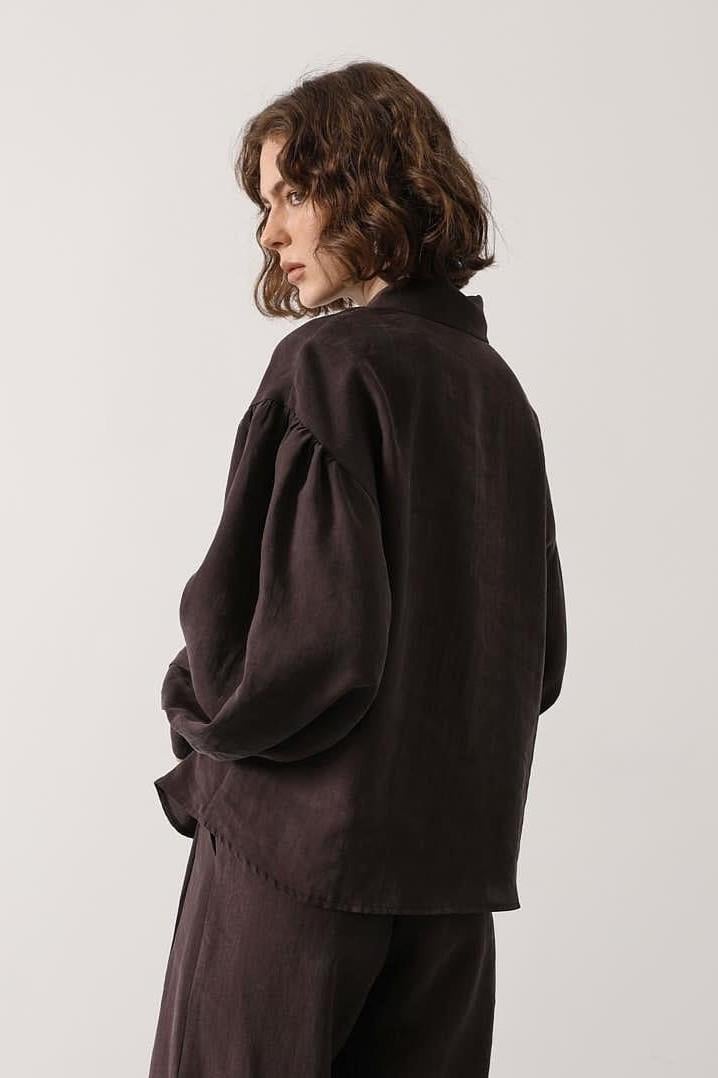Wholesale Women's Brown Oversized Shirt with Bishop Sleeves 0061-34514