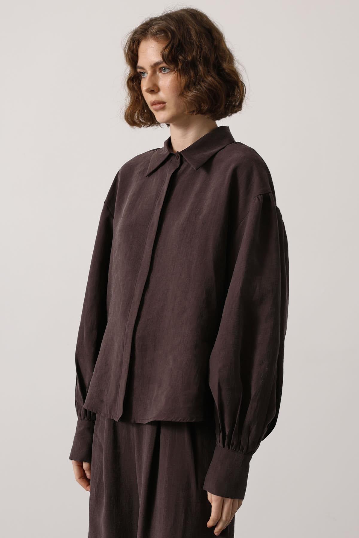 Wholesale Women's Brown Oversized Shirt with Bishop Sleeves 0061-34514