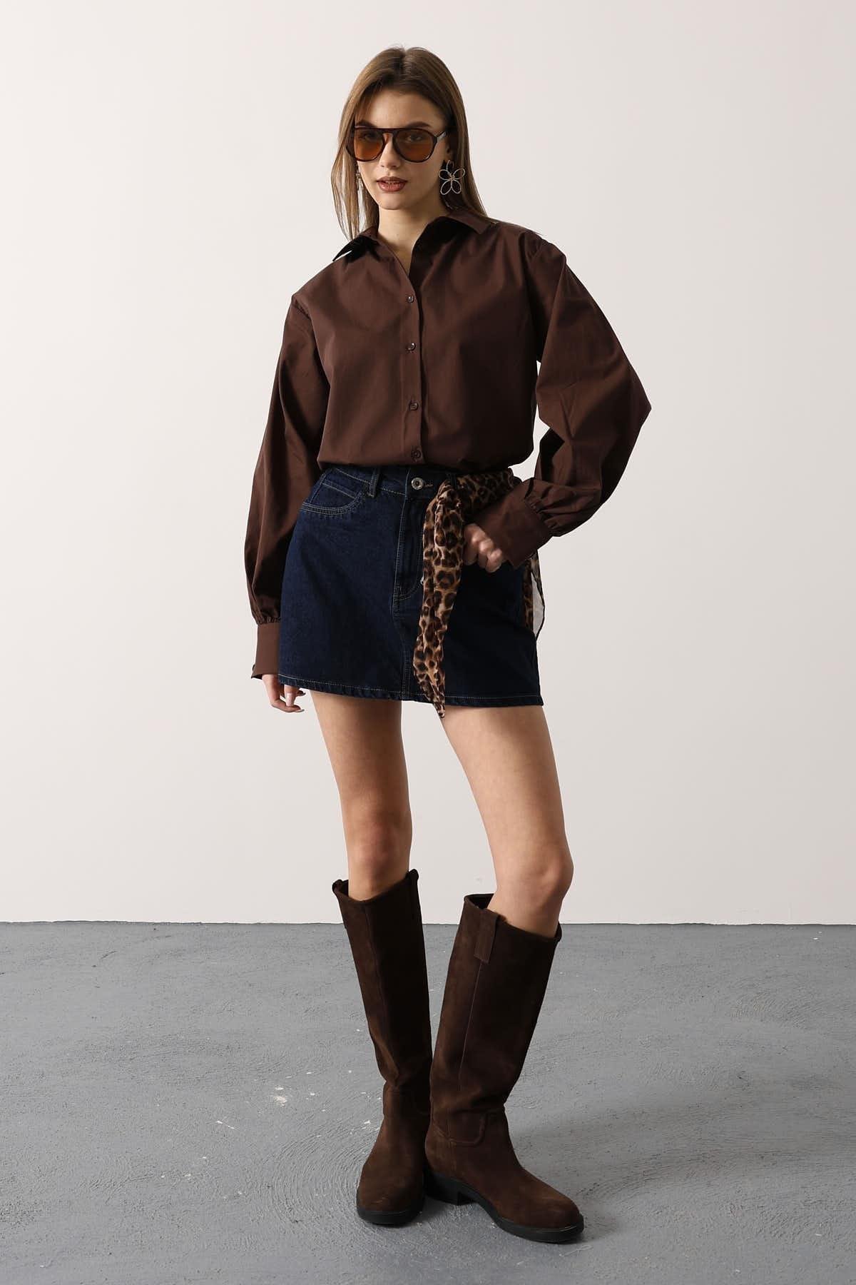 Wholesale Women's Brown Oversized Shirt with Bishop Sleeves 0061-34510