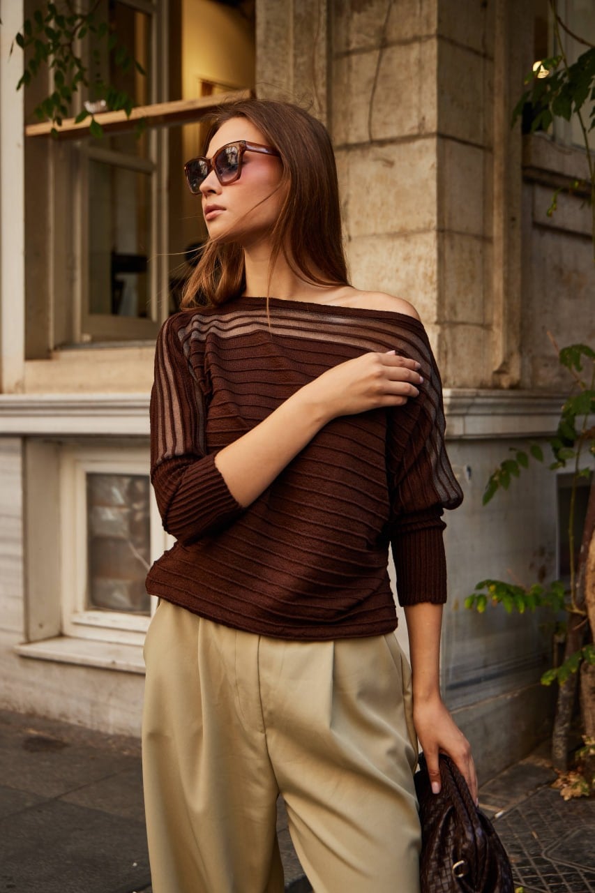 Wholesale Women's Brown Pleated-Texture Mercerized Knit Sweater with Sheer Yoke 0037-3711
