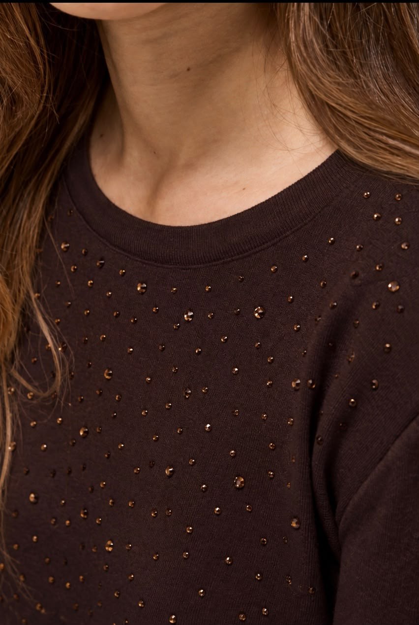 Wholesale Women's Brown Rhinestone-Embellished Crew-Neck Knit Sweater 0037-3717
